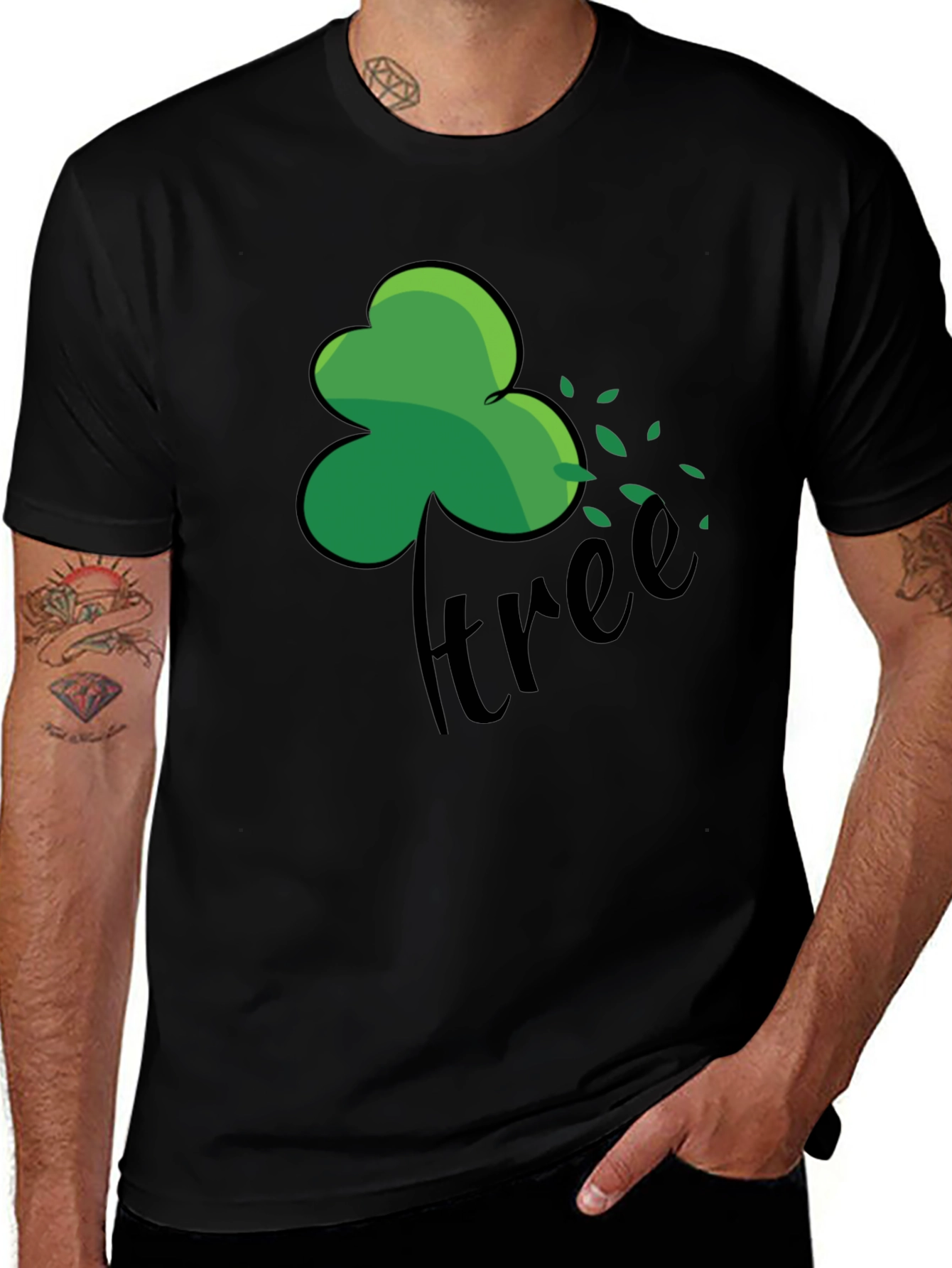 Green Shamrock Tree Graphic Black T-Shirt