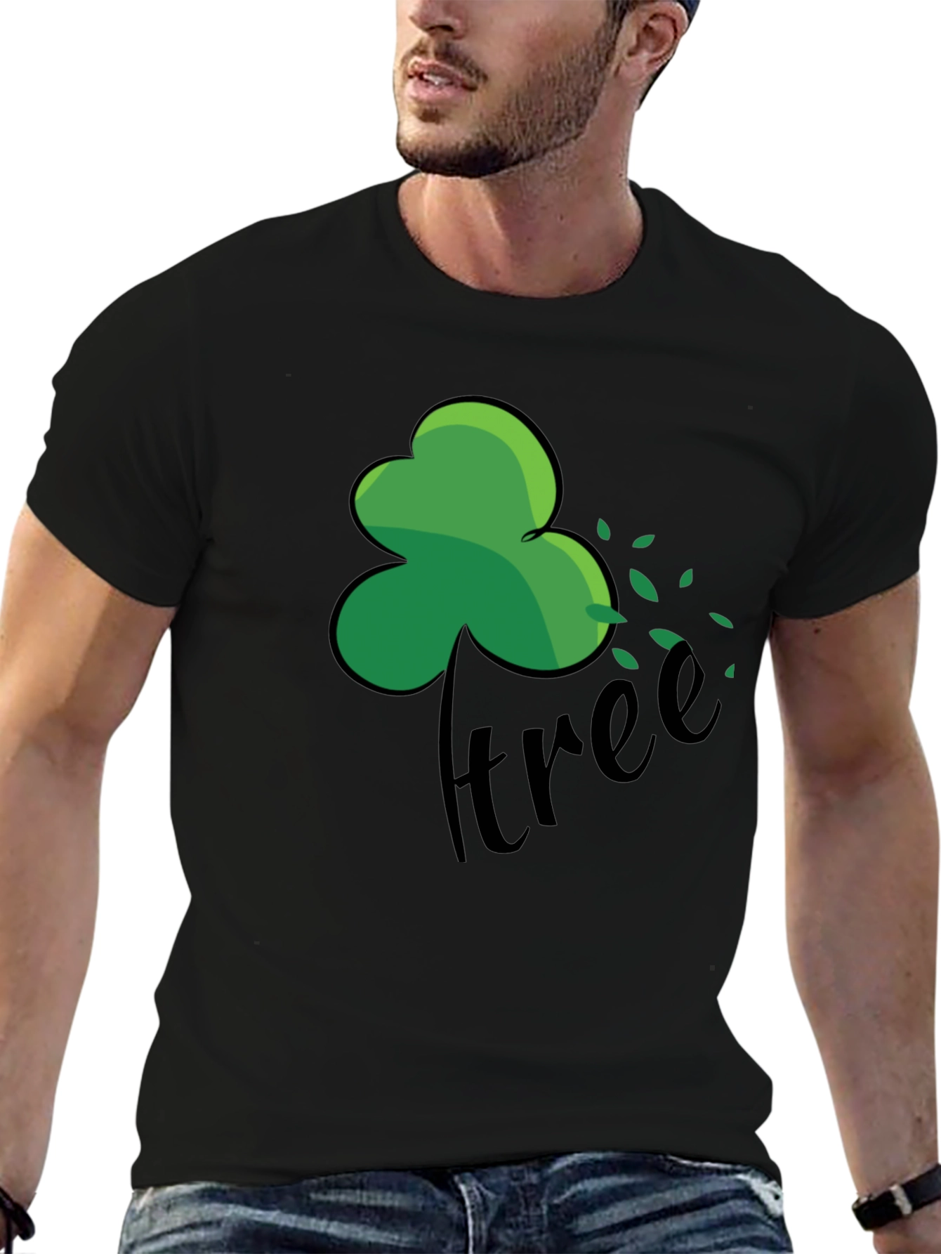 Green Shamrock Tree Graphic Black T-Shirt