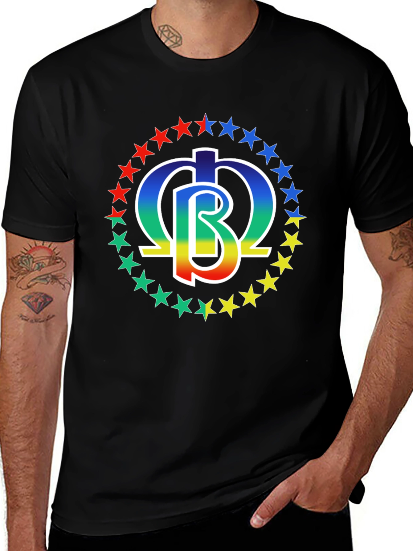 Rainbow Star Circle Graphic Print Black T-Shirt