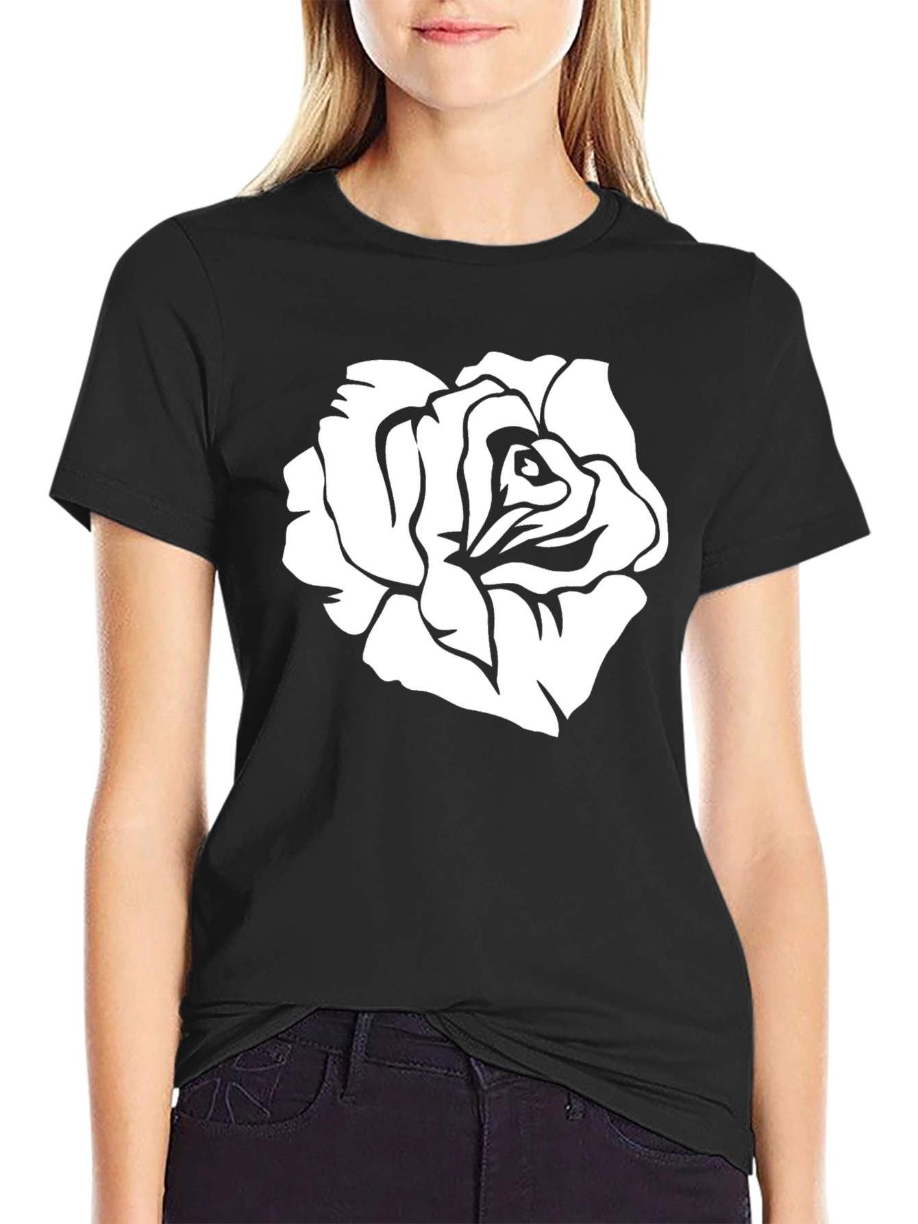 Black T-Shirt with White Rose Graphic