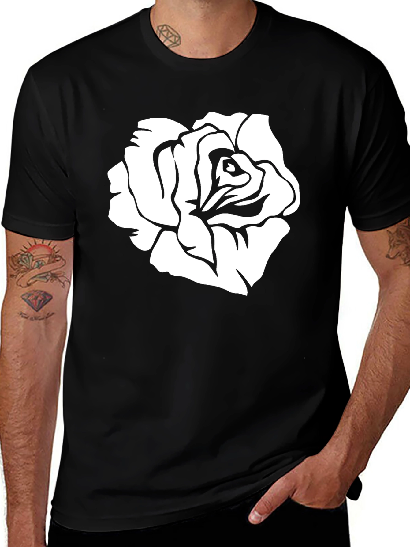 Black T-Shirt with White Rose Graphic