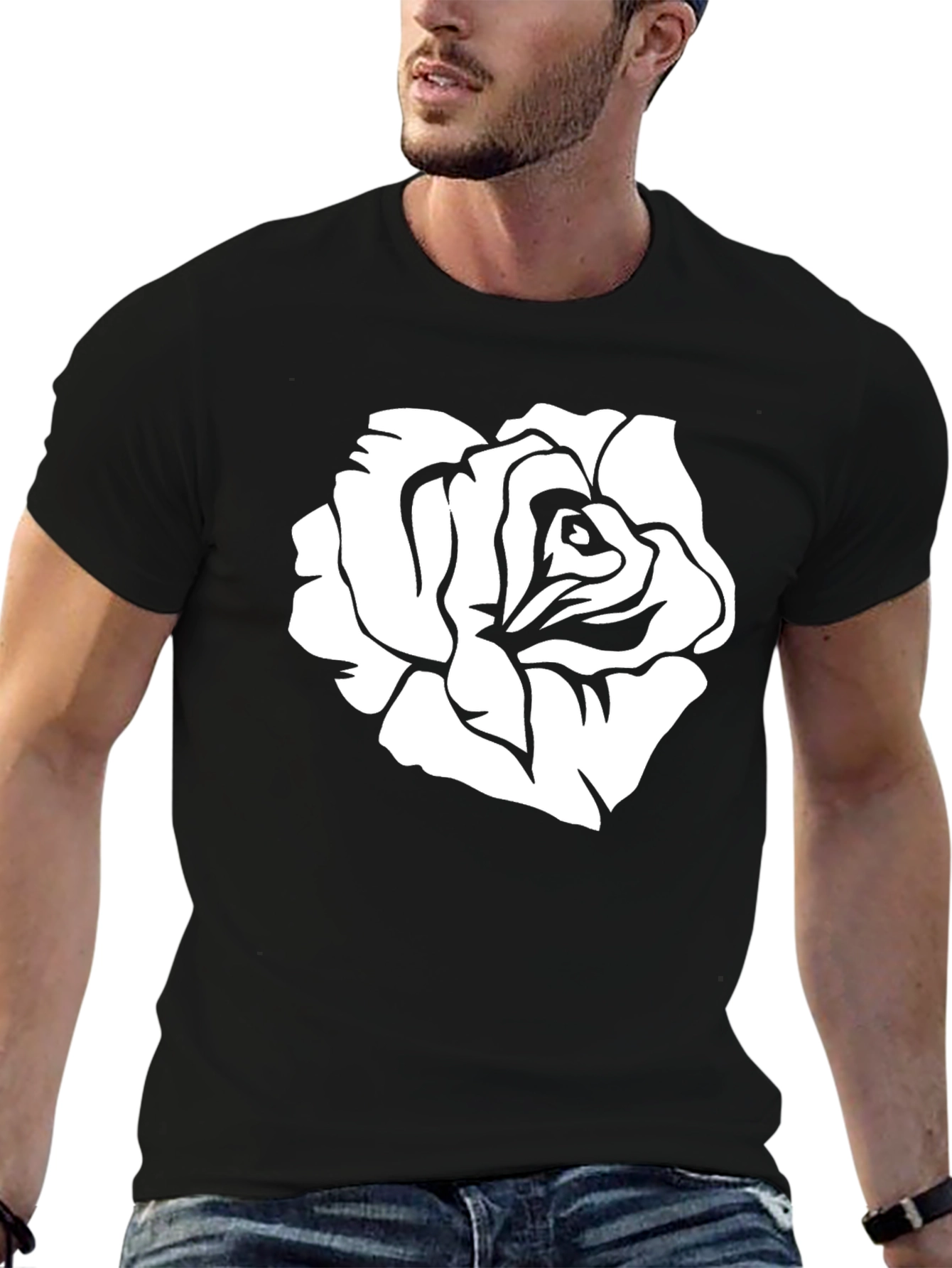 Black T-Shirt with White Rose Graphic
