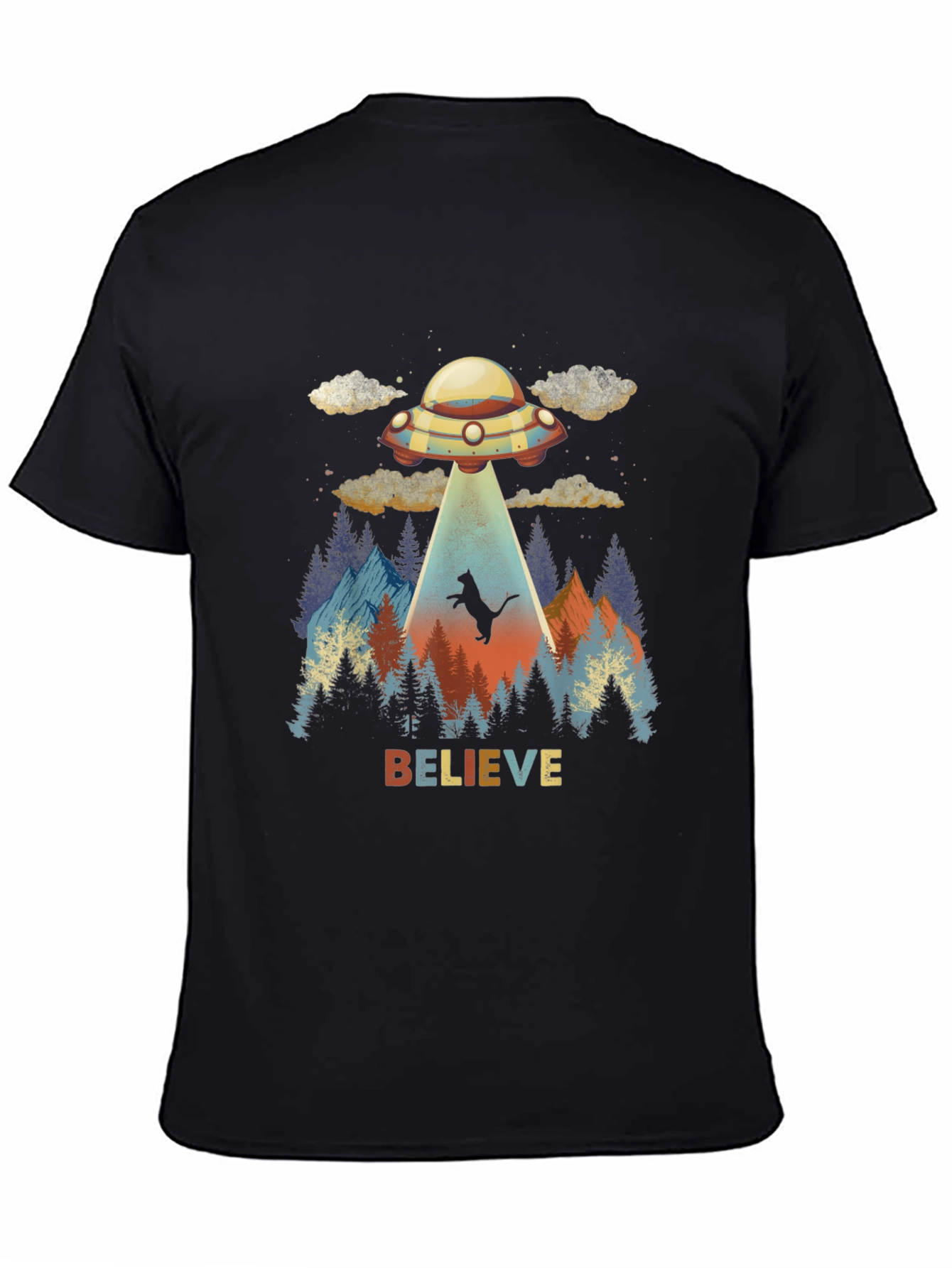 Believe Cat Abduction UFO Graphic T-Shirt