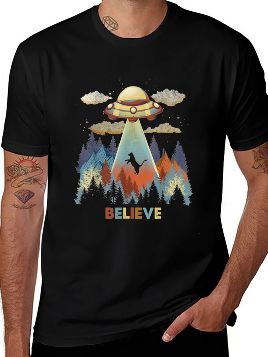 Believe Cat Abduction UFO Graphic T-Shirt