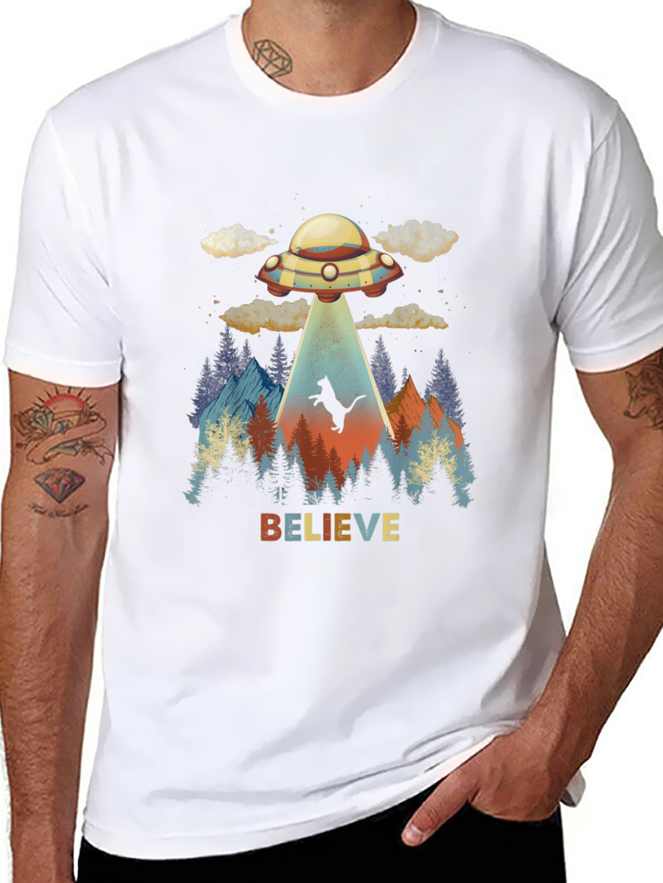 Believe Cat Abduction UFO Graphic T-Shirt