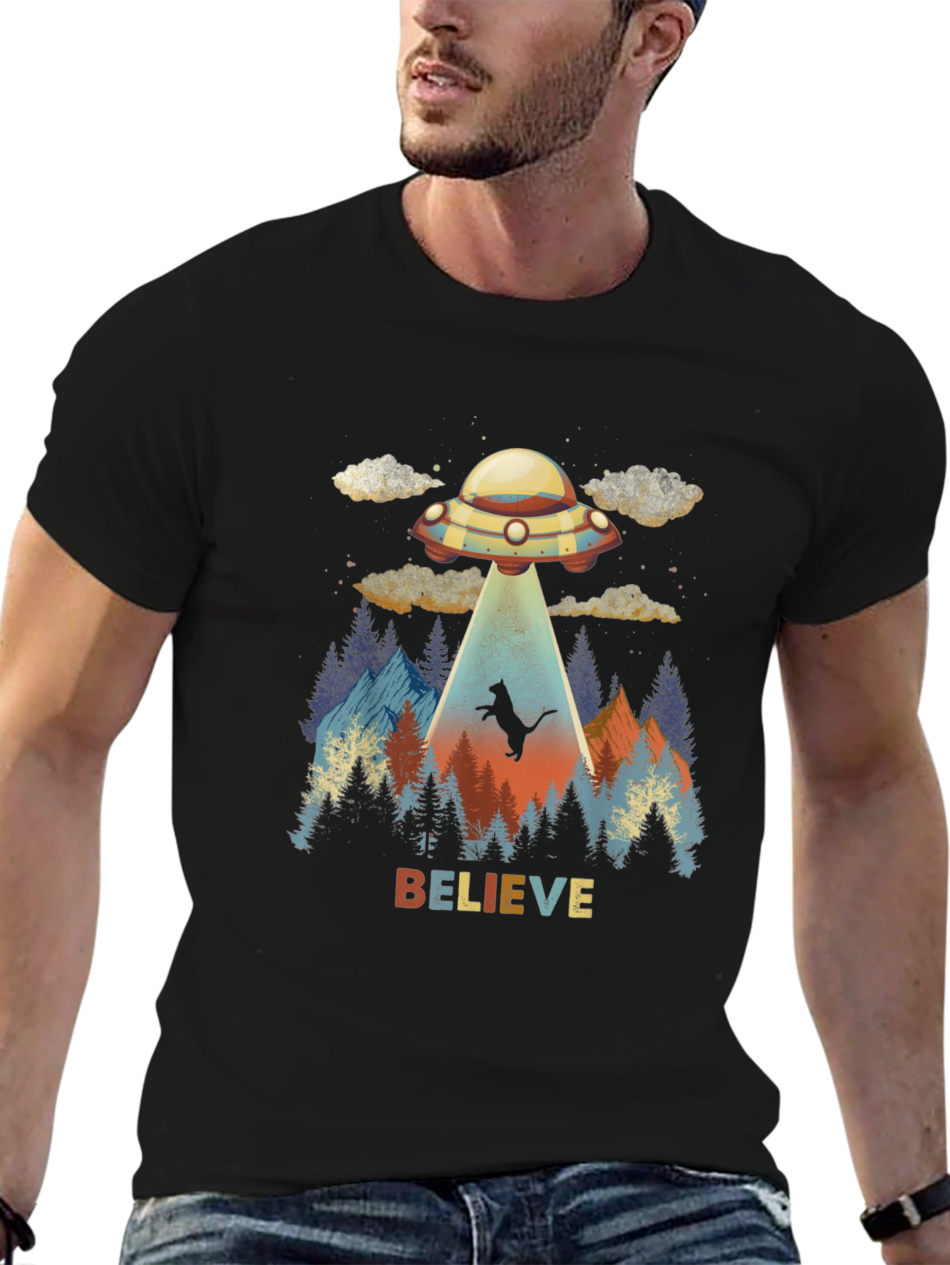Believe Cat Abduction UFO Graphic T-Shirt