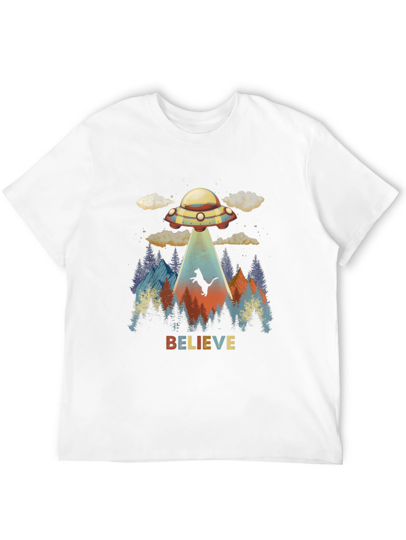 Believe Cat Abduction UFO Graphic T-Shirt