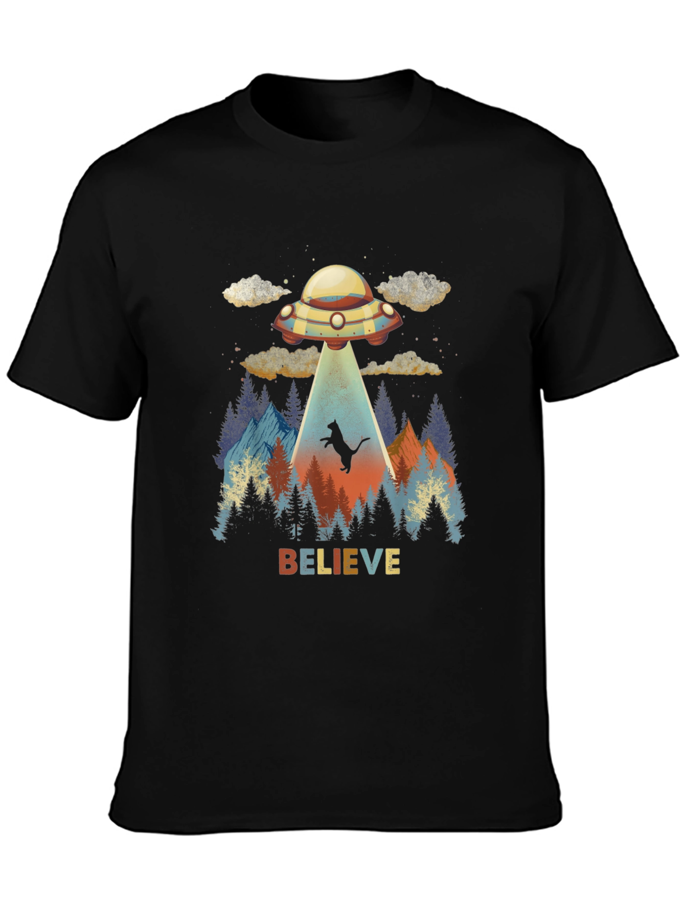 Believe Cat Abduction UFO Graphic T-Shirt