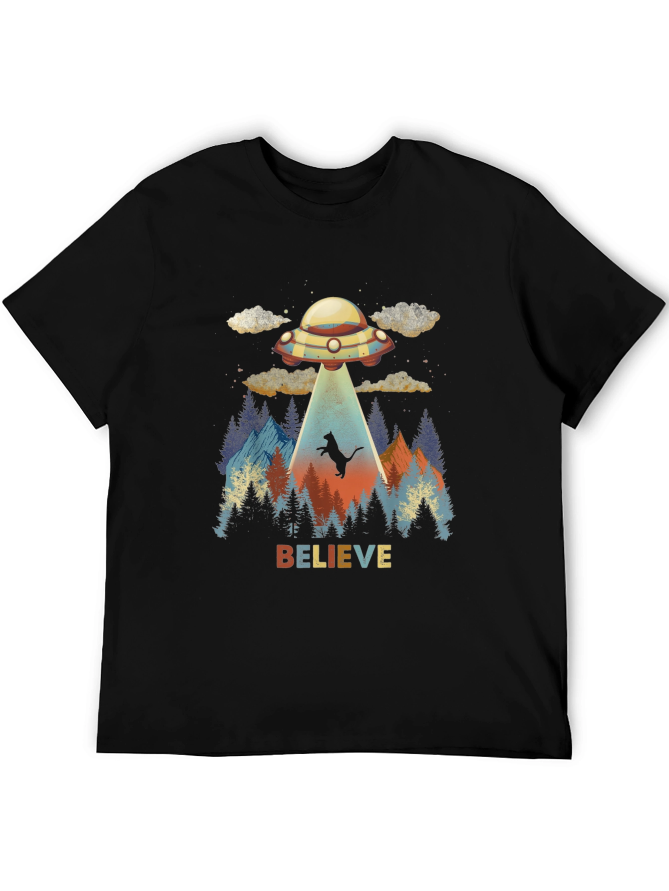 Believe Cat Abduction UFO Graphic T-Shirt
