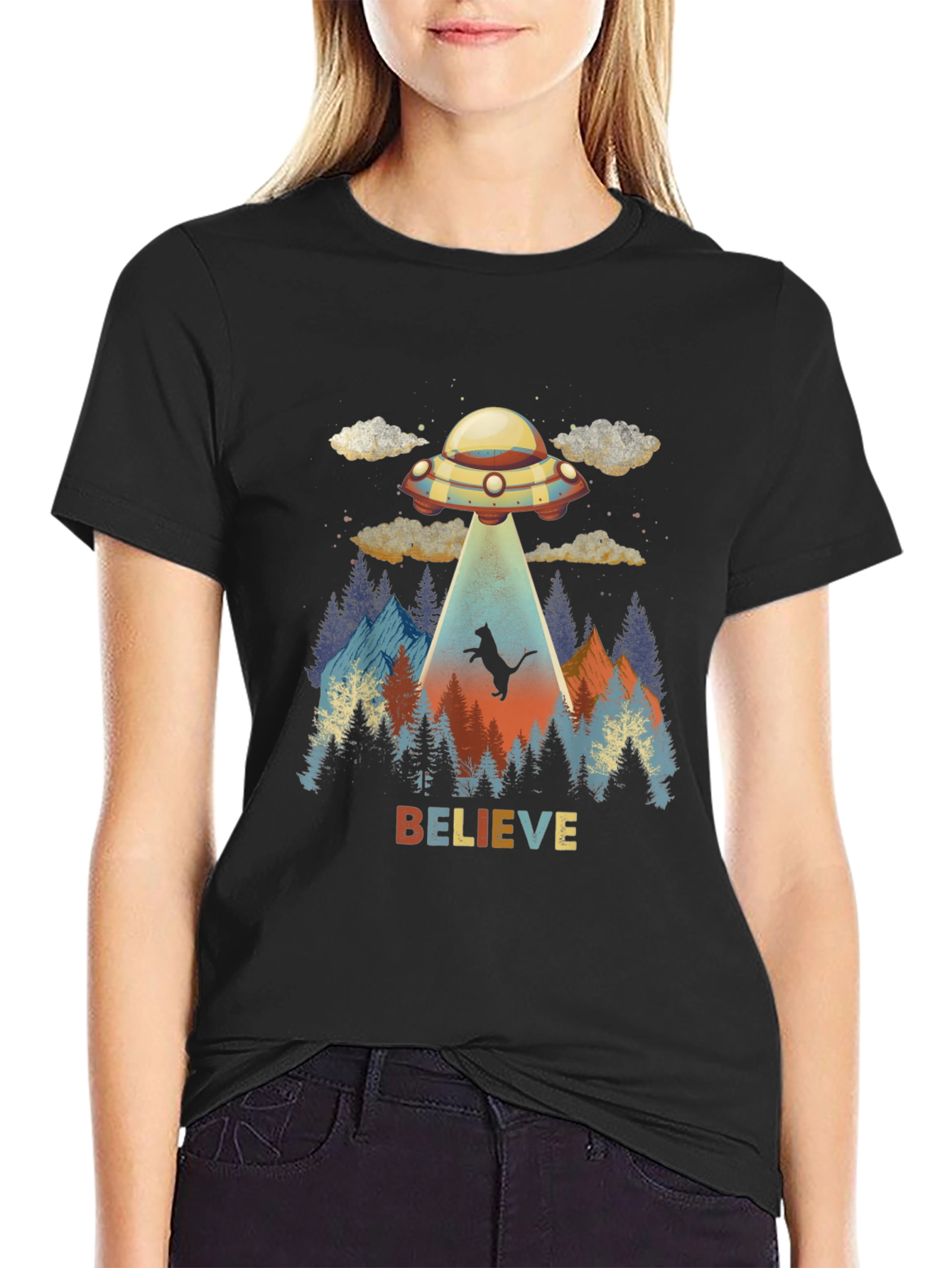 Believe Cat Abduction UFO Graphic T-Shirt