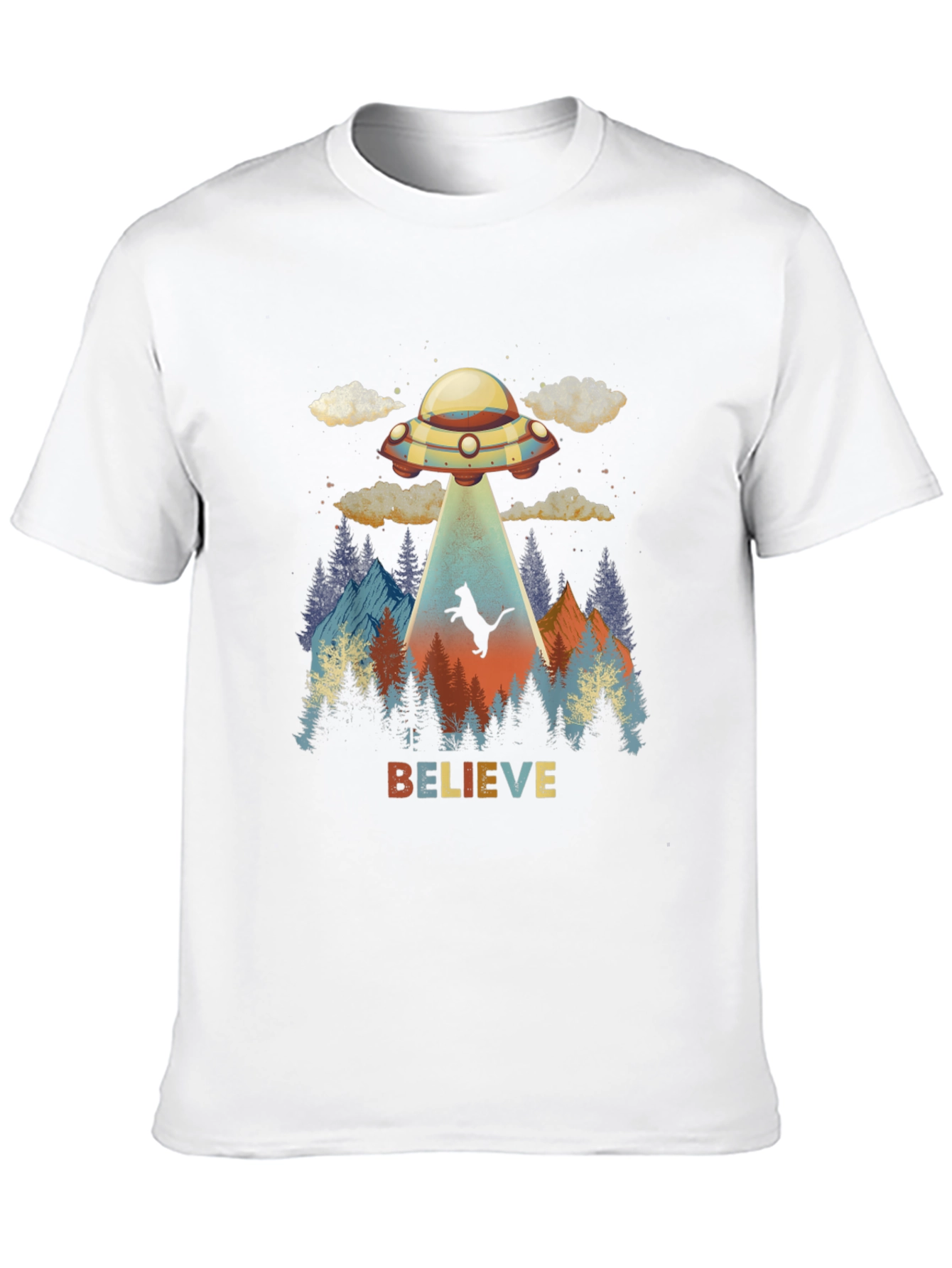 Believe Cat Abduction UFO Graphic T-Shirt