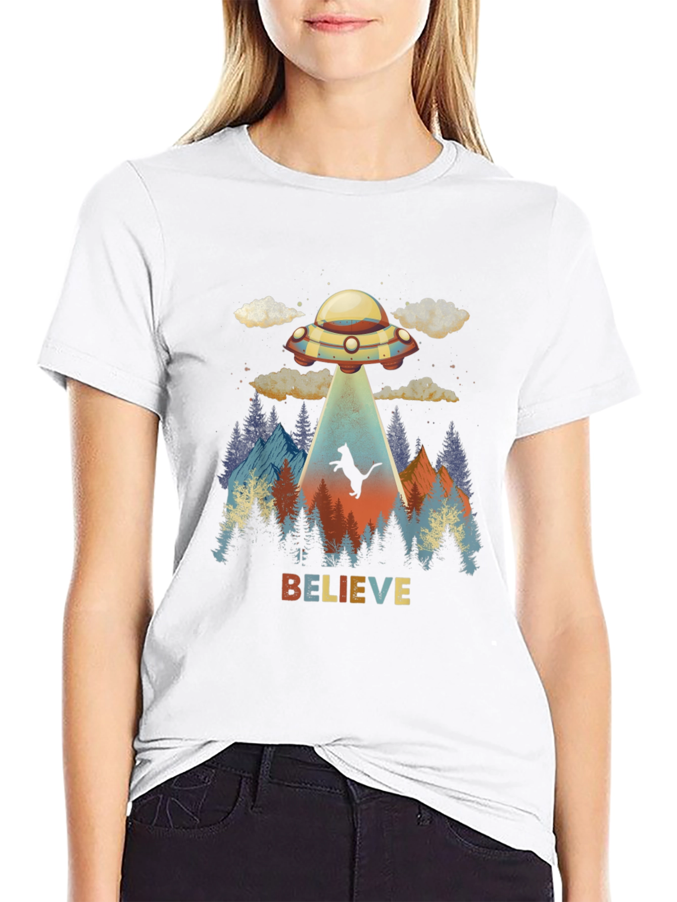 Believe Cat Abduction UFO Graphic T-Shirt