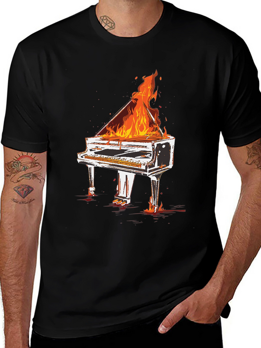 Flaming Piano Graphic Tee - Bold & Unique Black T-Shirt