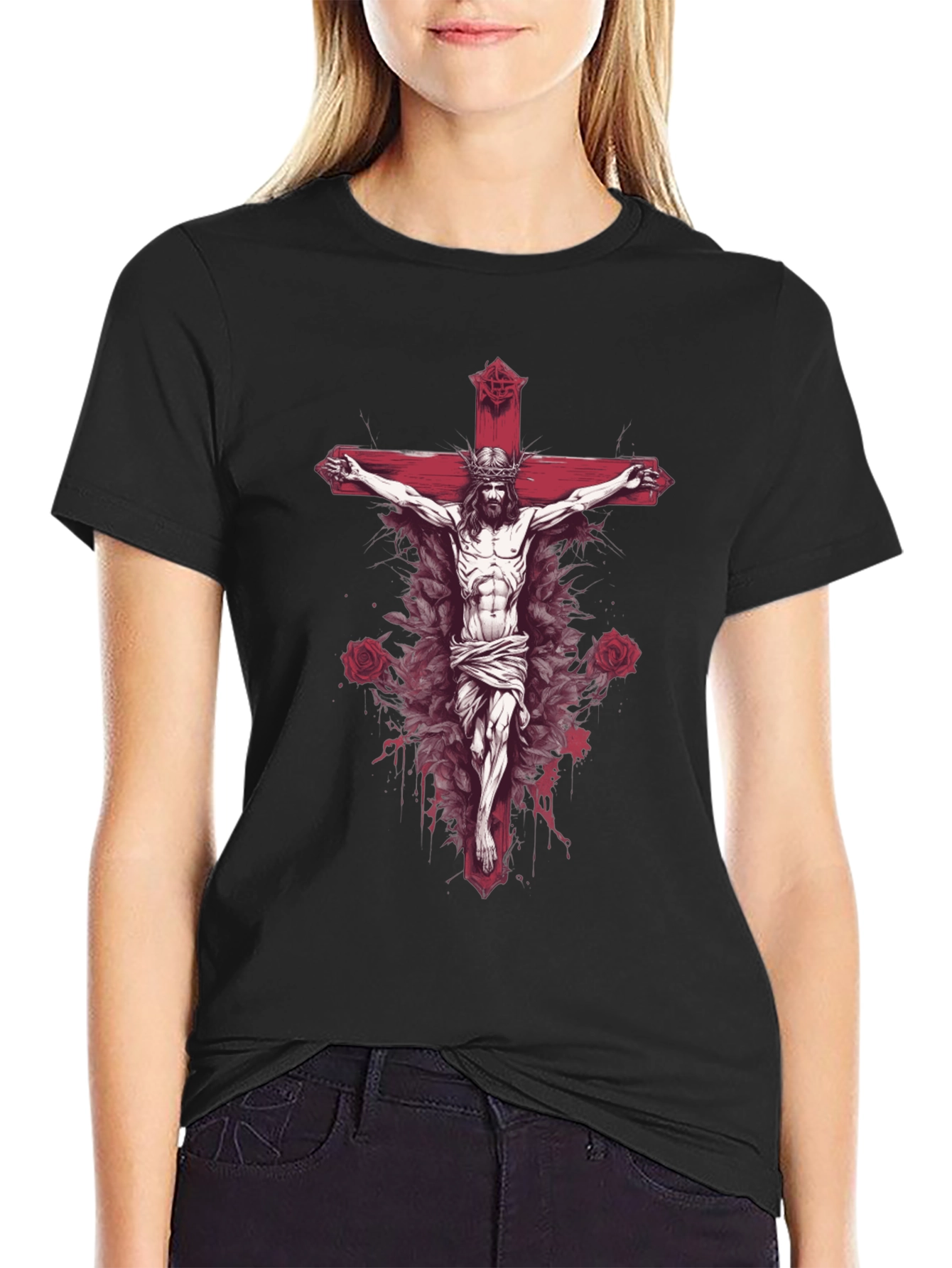 Jesus on Cross Graphic Tee - Black Cotton Blend