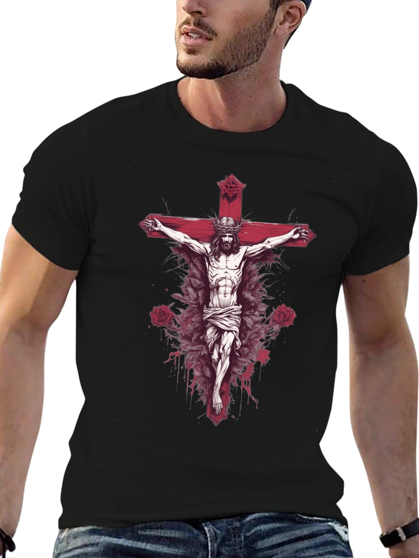 Jesus on Cross Graphic Tee - Black Cotton Blend
