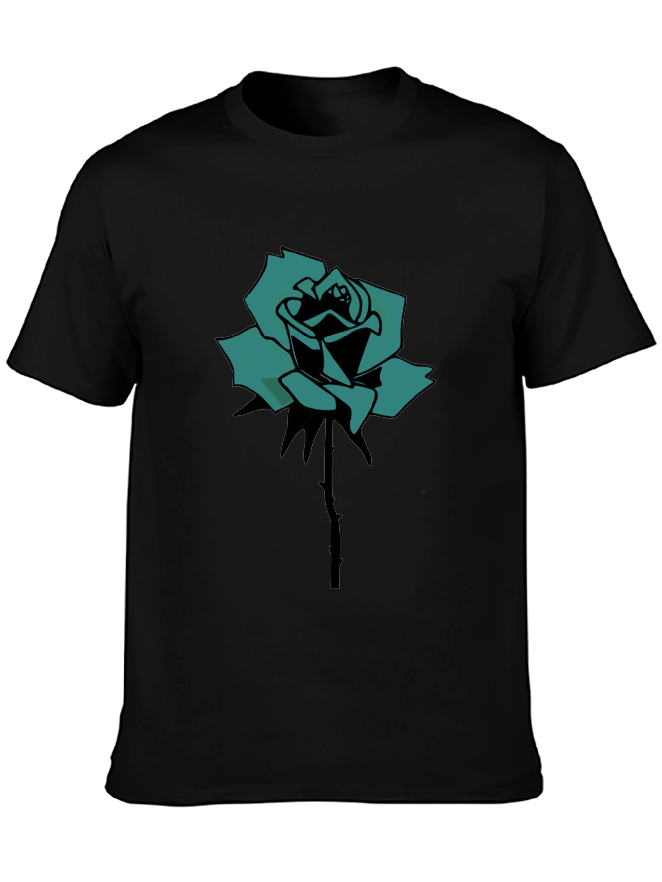 Black T-Shirt with Teal Rose Print