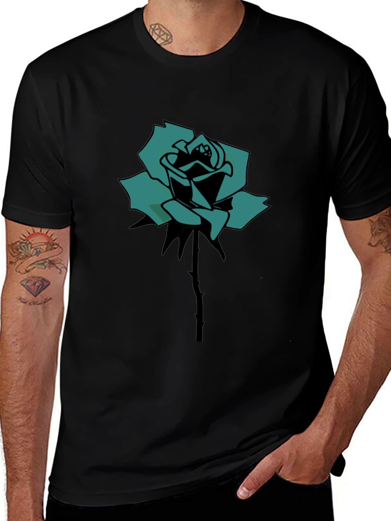Black T-Shirt with Teal Rose Print