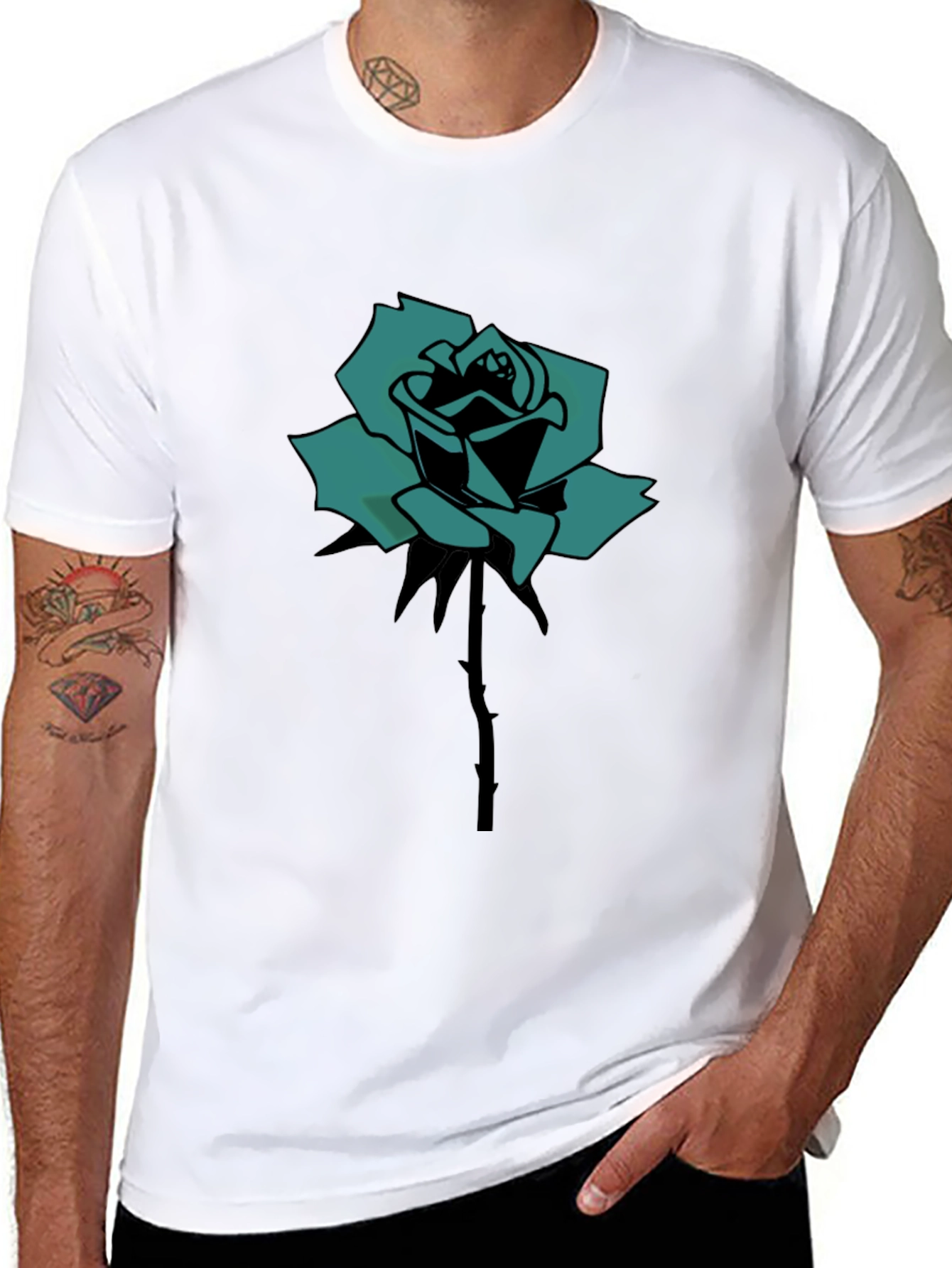 Black T-Shirt with Teal Rose Print