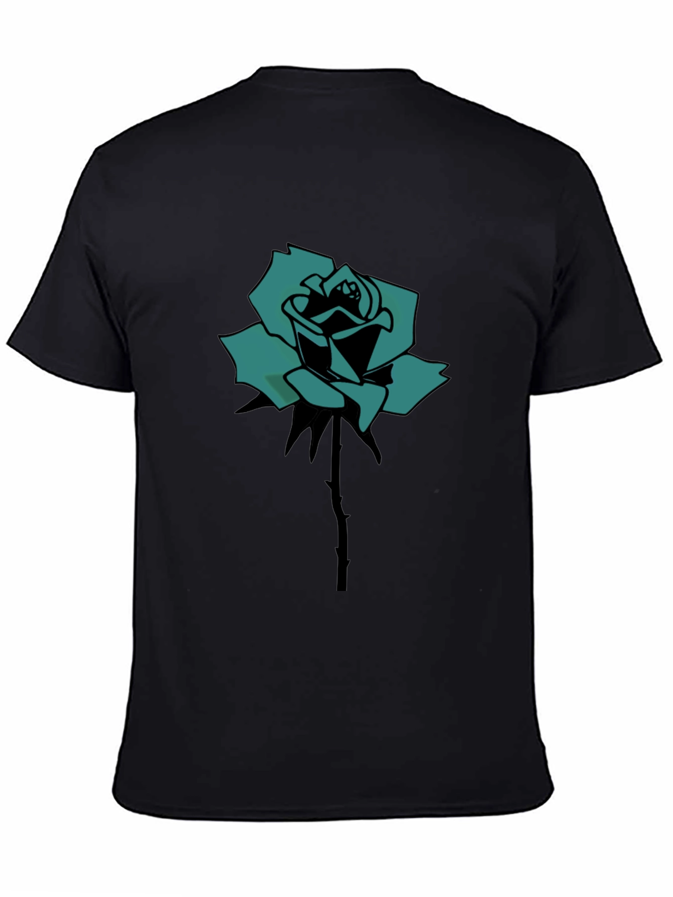 Black T-Shirt with Teal Rose Print