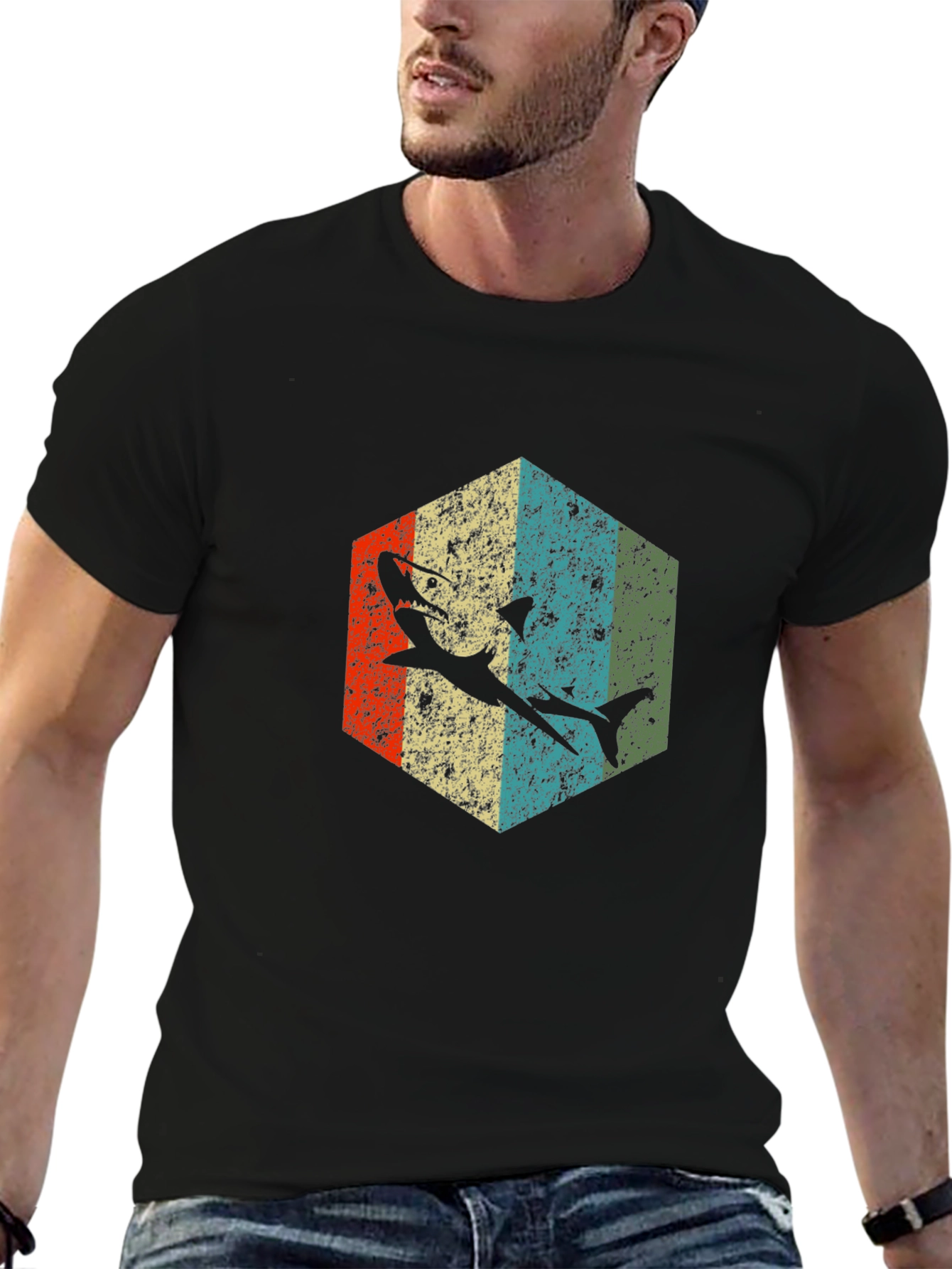 Retro Shark Graphic Tee - Black Cotton Blend