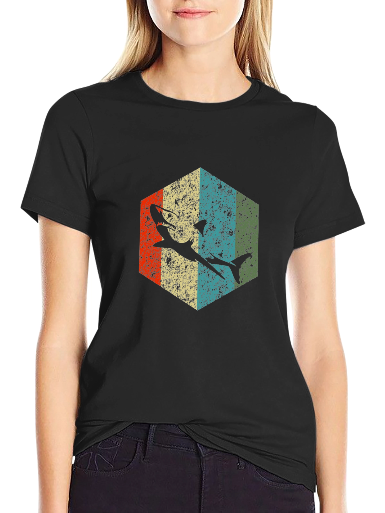 Retro Shark Graphic Tee - Black Cotton Blend