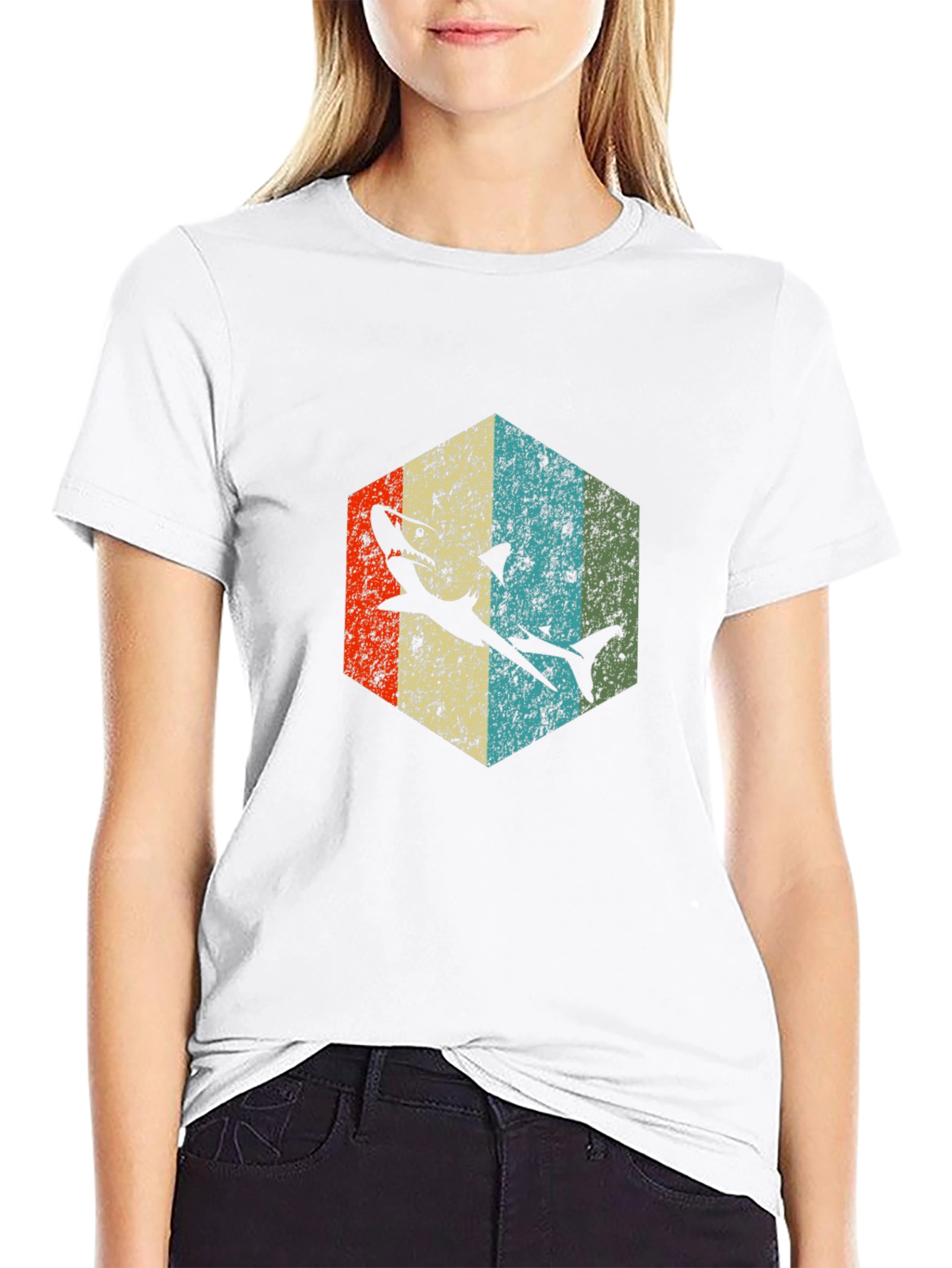 Retro Shark Graphic Tee - Black Cotton Blend