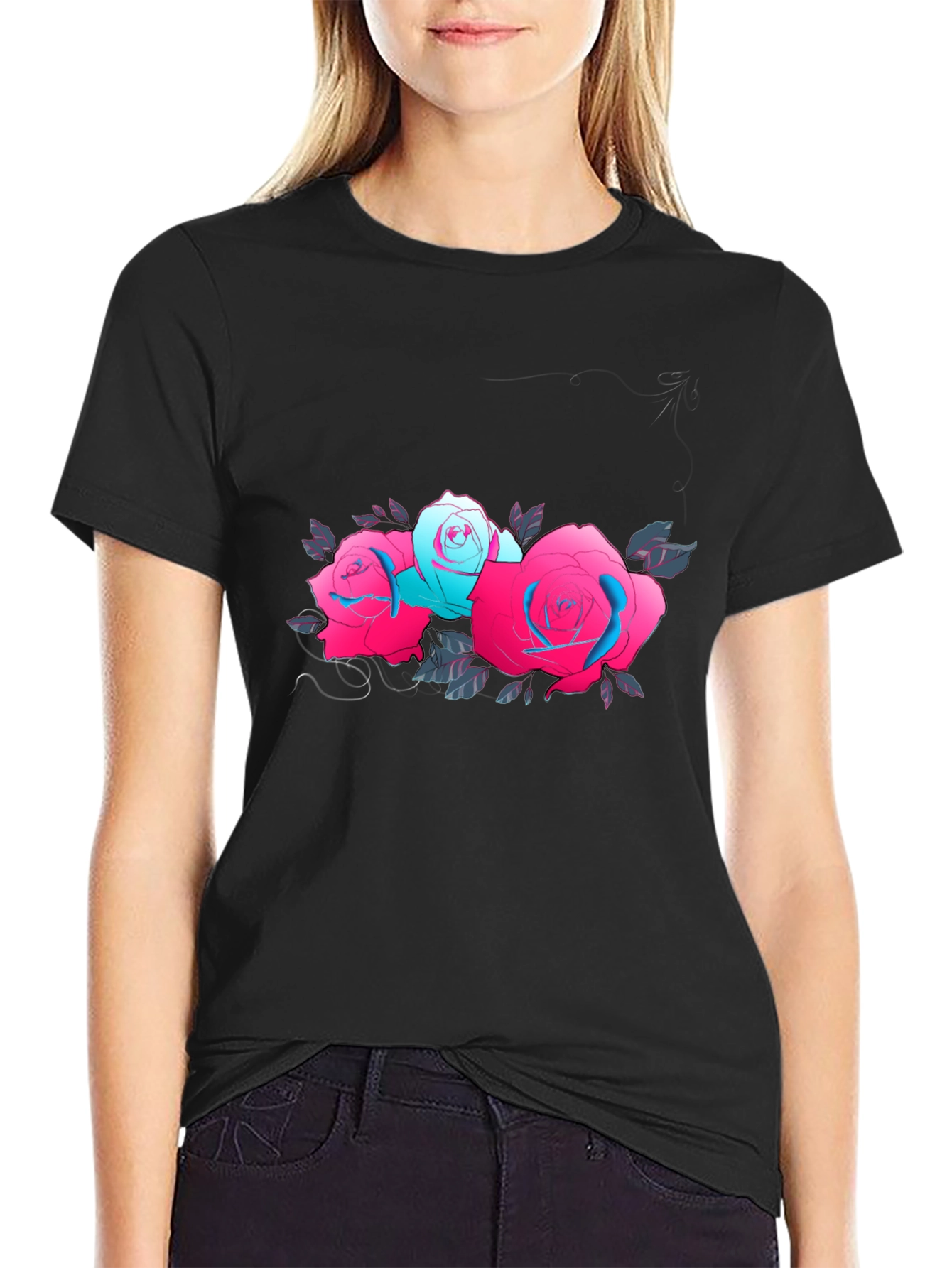 Floral Graphic Black T-Shirt - Roses