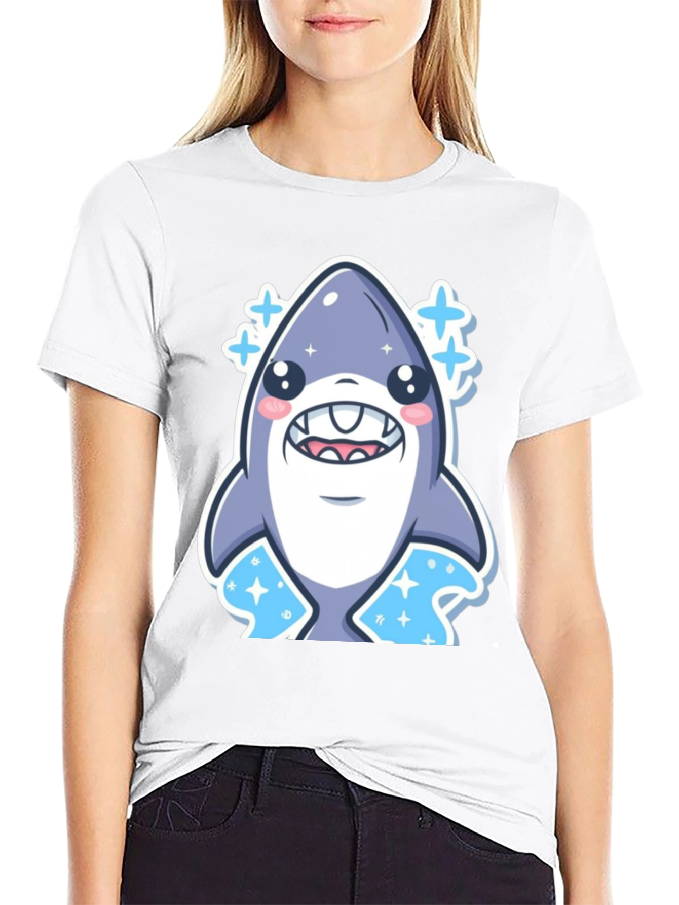Cute Shark Graphic Tee - Black Cotton T-Shirt