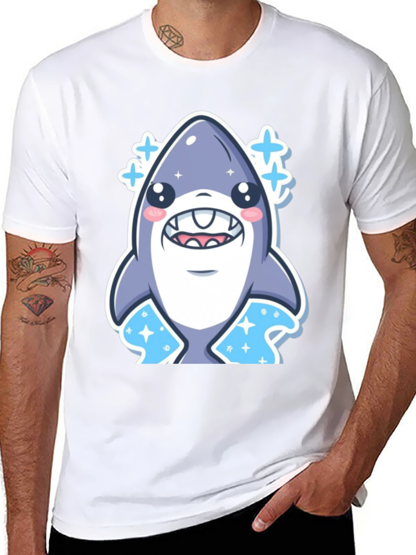 Cute Shark Graphic Tee - Black Cotton T-Shirt