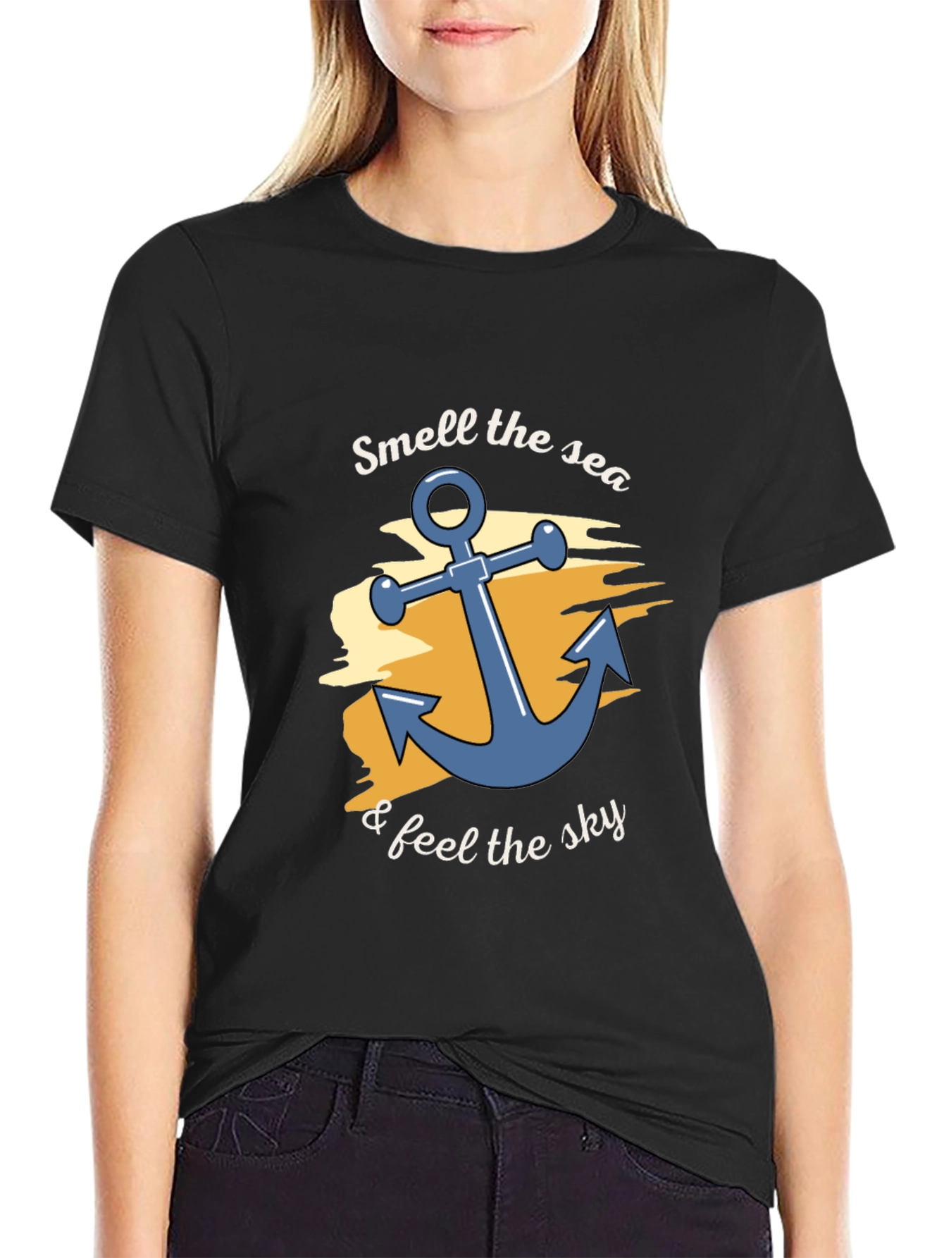 Smell the Sea Black Cotton Graphic T-Shirt