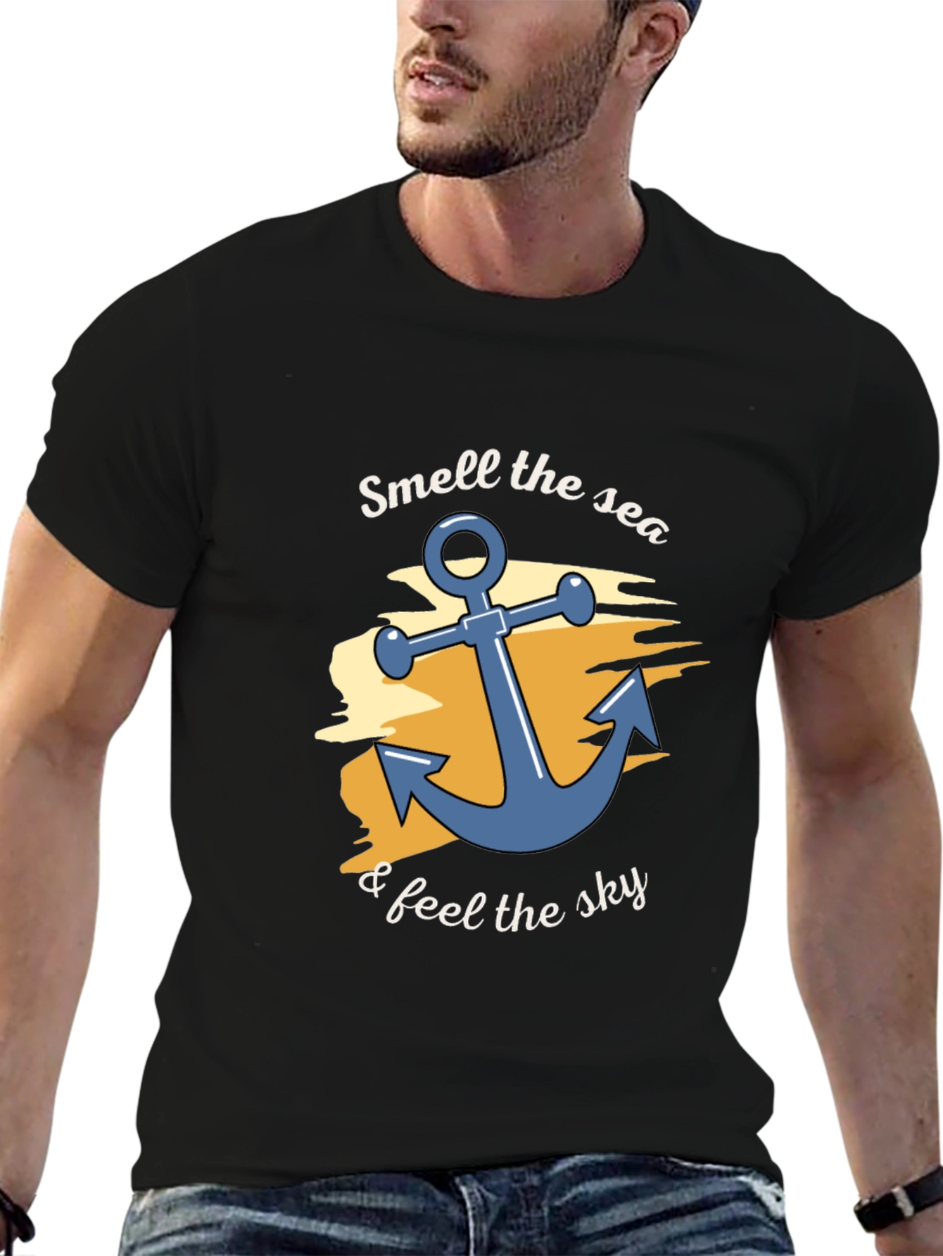 Smell the Sea Black Cotton Graphic T-Shirt
