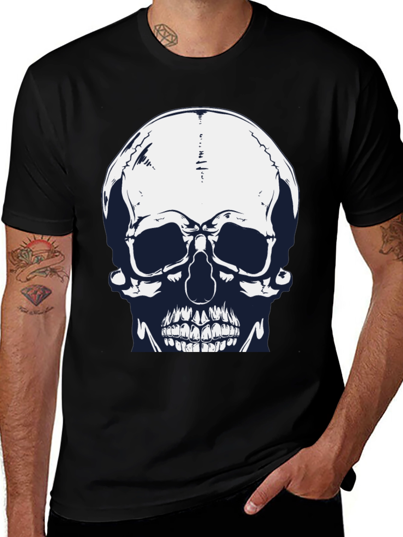 Skull Graphic Print Black Tee for Men
