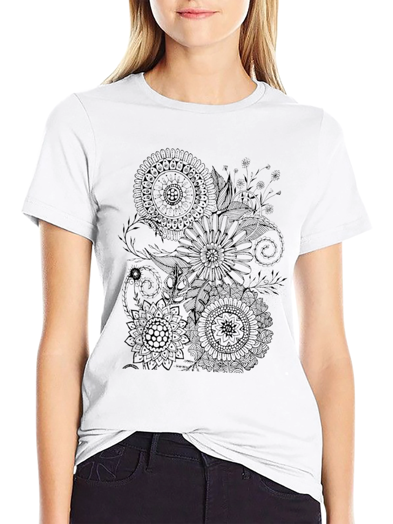 Floral Mandala Print Black T-Shirt