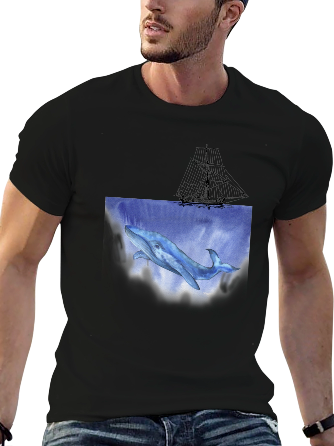 Whale & Ship Graphic Black T-Shirt