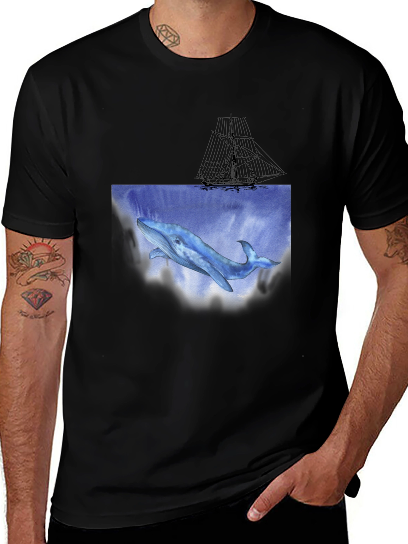Whale & Ship Graphic Black T-Shirt