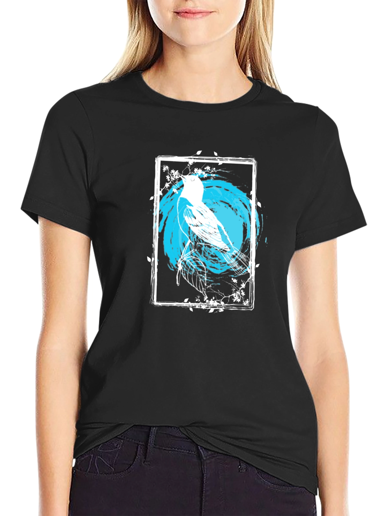 Bird Art Graphic Print Black Tee