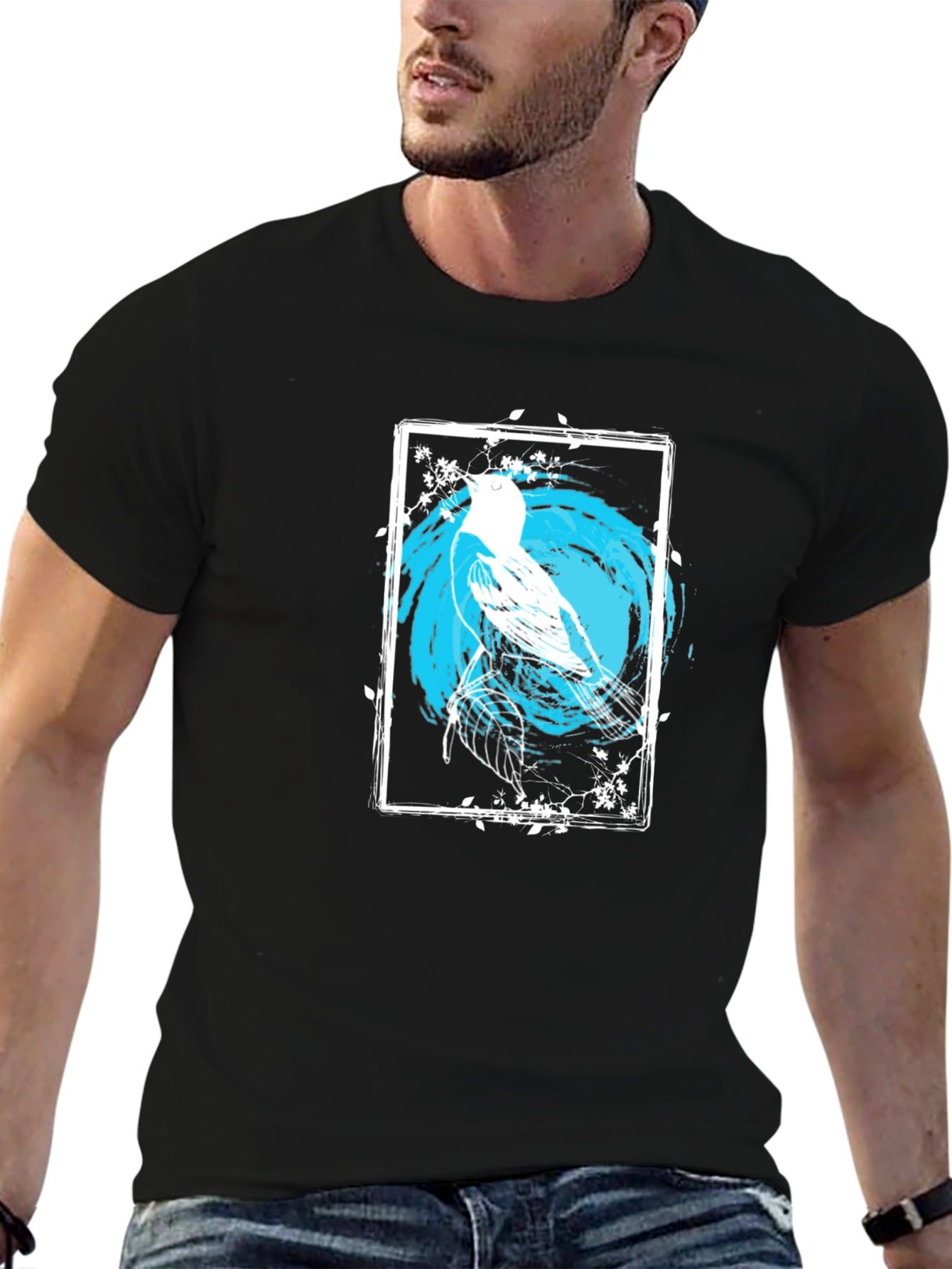 Bird Art Graphic Print Black Tee