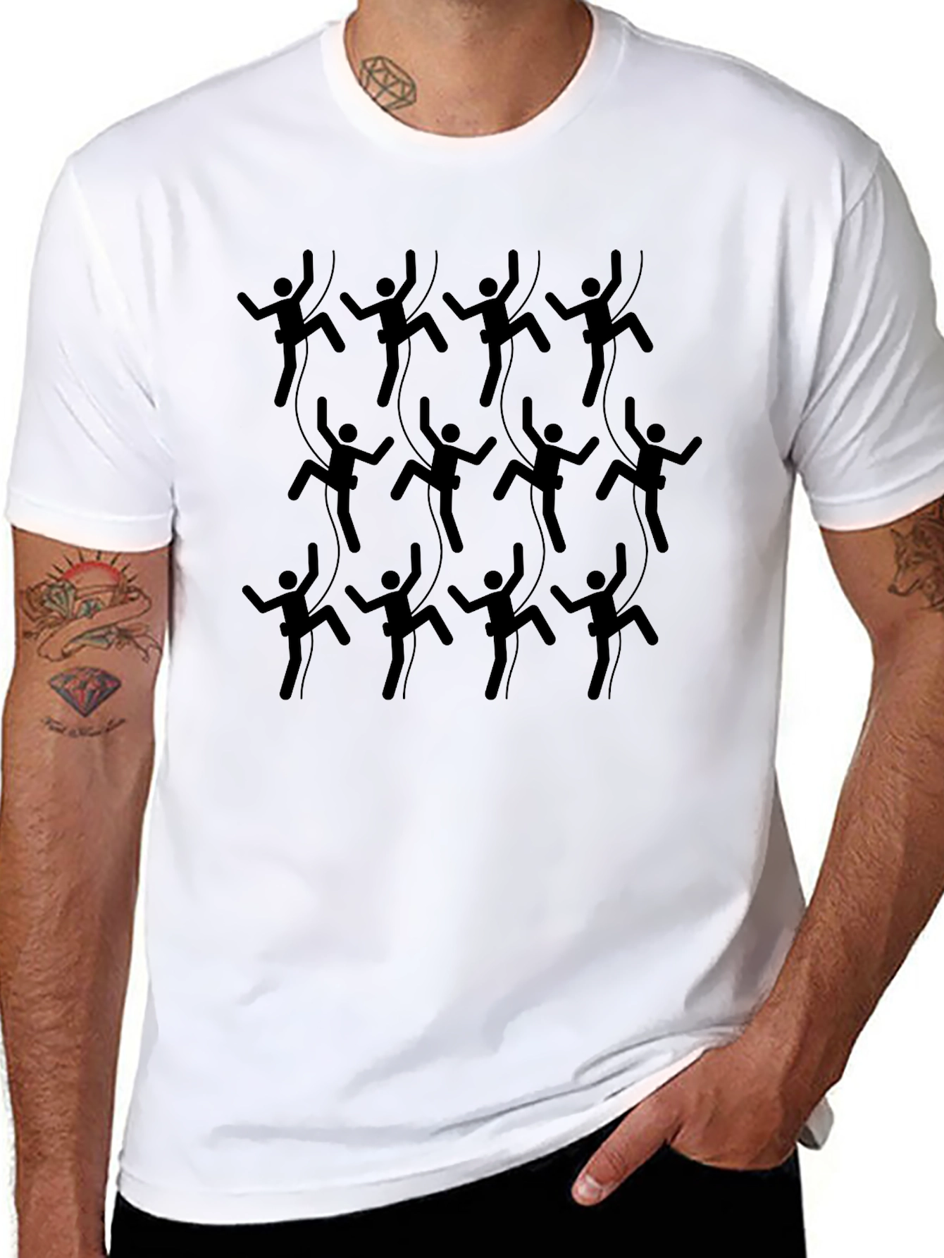 Climbing Stick Figure Patterned Black T-Shirt