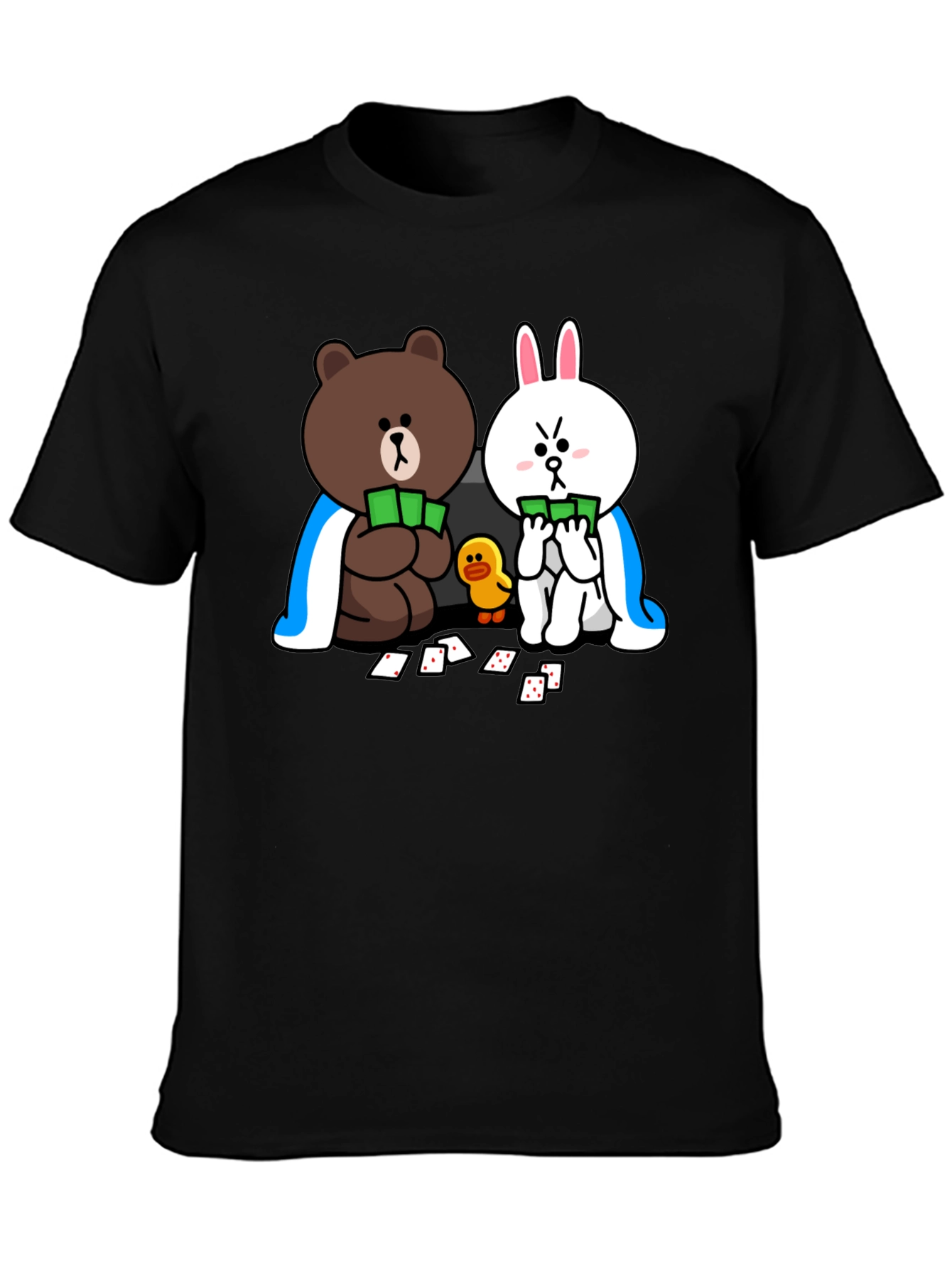 Cartoon Bear and Bunny Graphic Black T-Shirt
