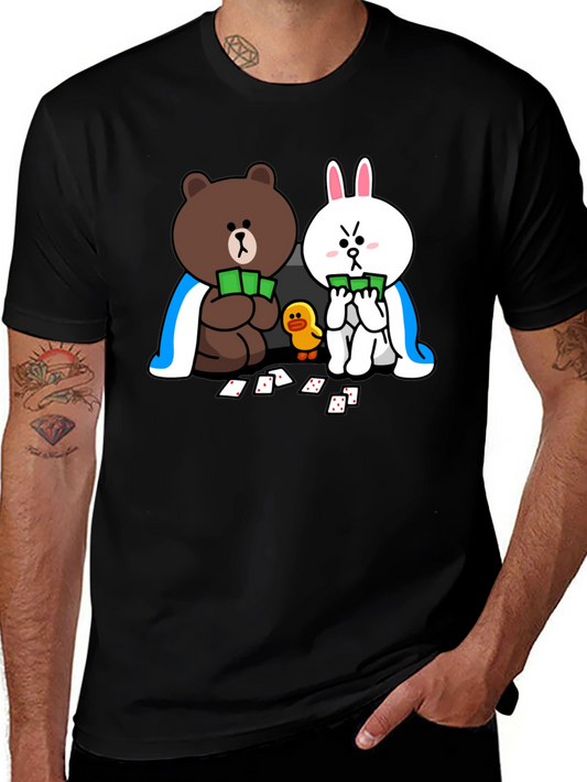 Cartoon Bear and Bunny Graphic Black T-Shirt
