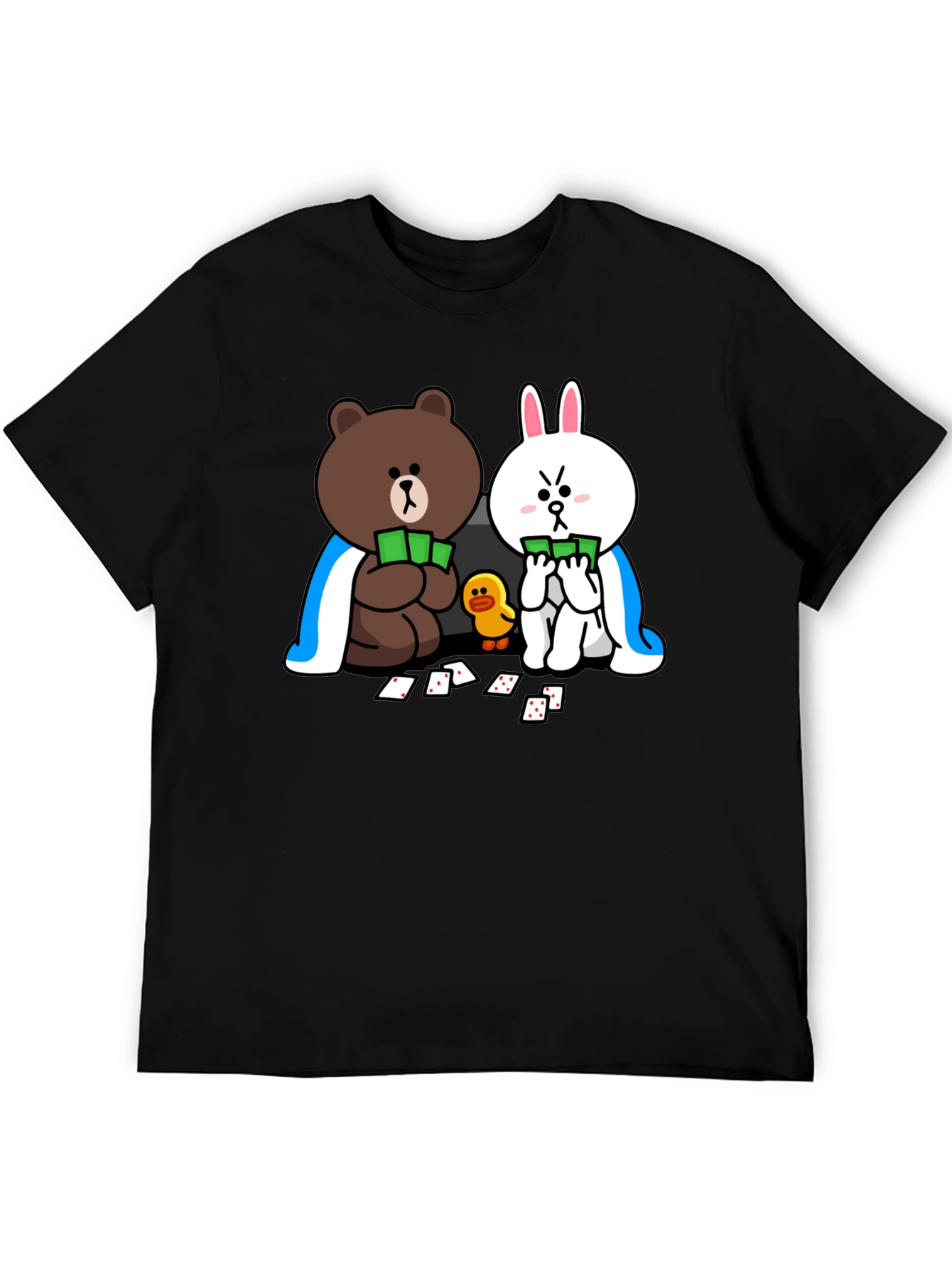 Cartoon Bear and Bunny Graphic Black T-Shirt