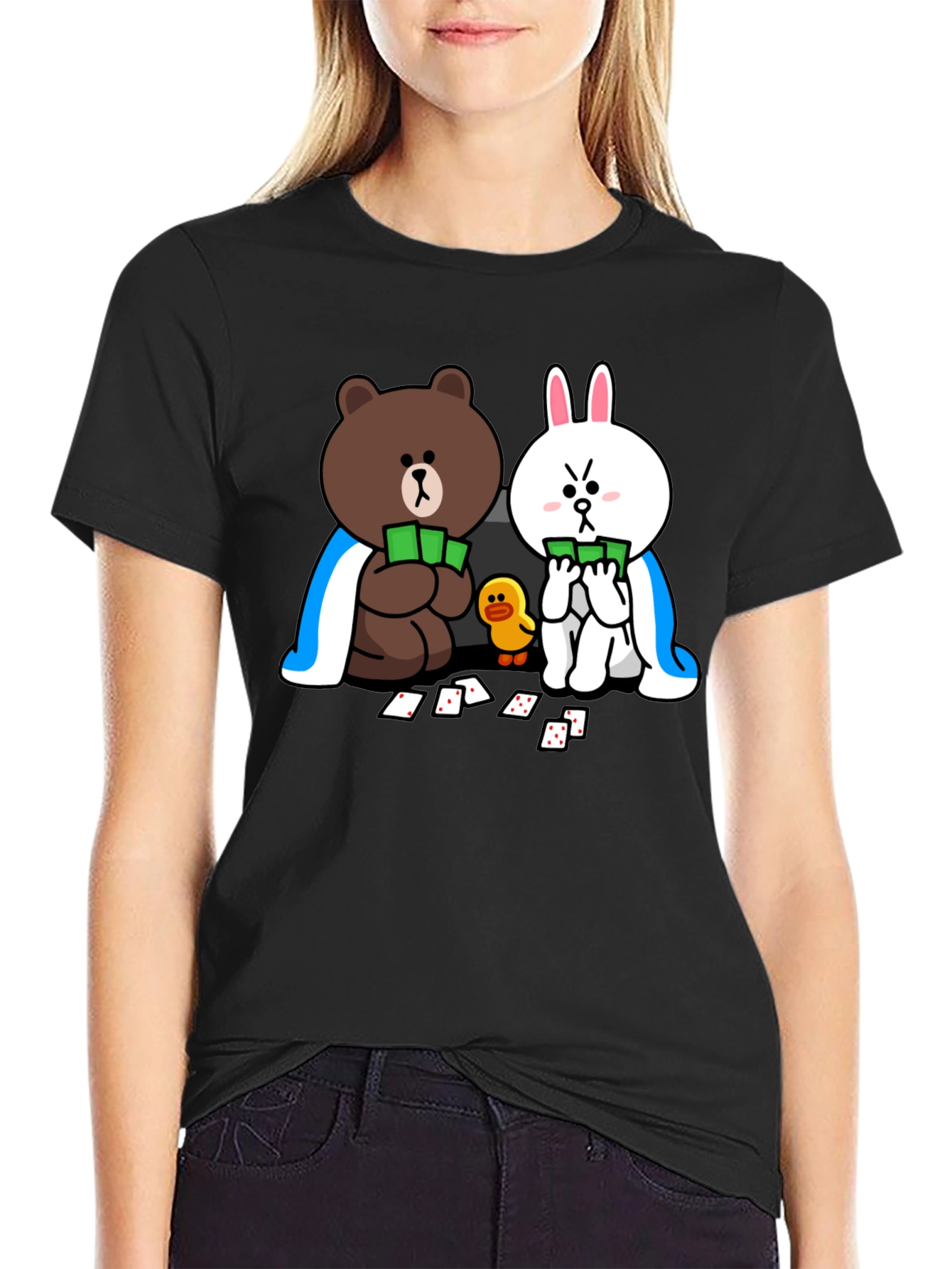Cartoon Bear and Bunny Graphic Black T-Shirt