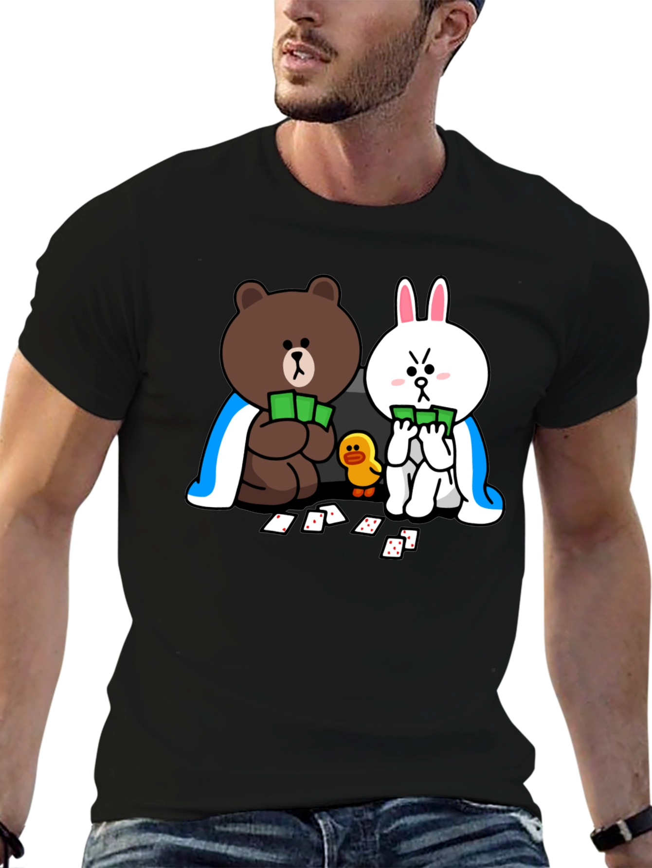 Cartoon Bear and Bunny Graphic Black T-Shirt