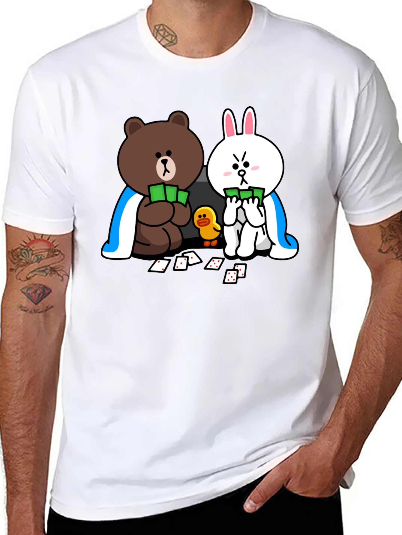 Cartoon Bear and Bunny Graphic Black T-Shirt
