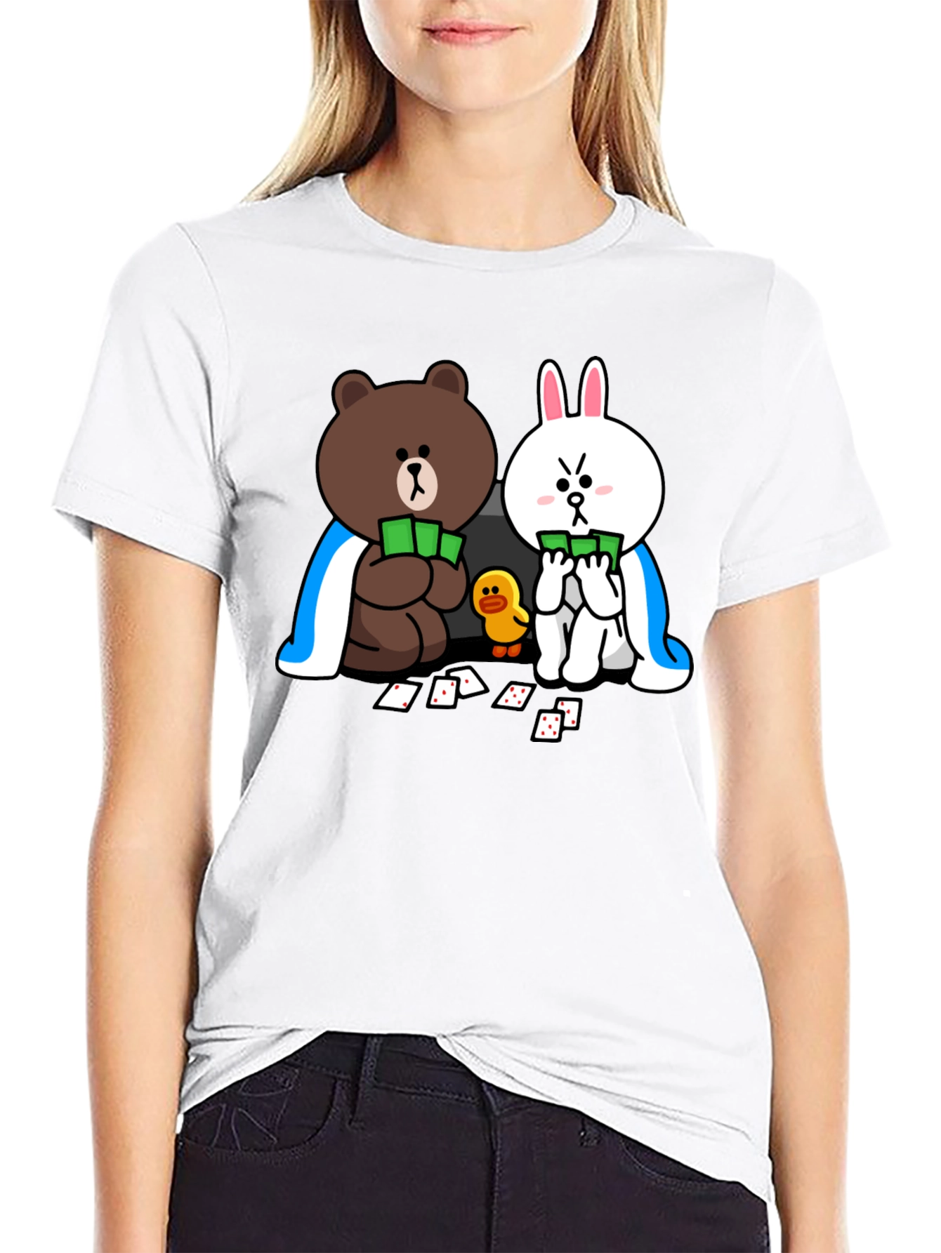 Cartoon Bear and Bunny Graphic Black T-Shirt