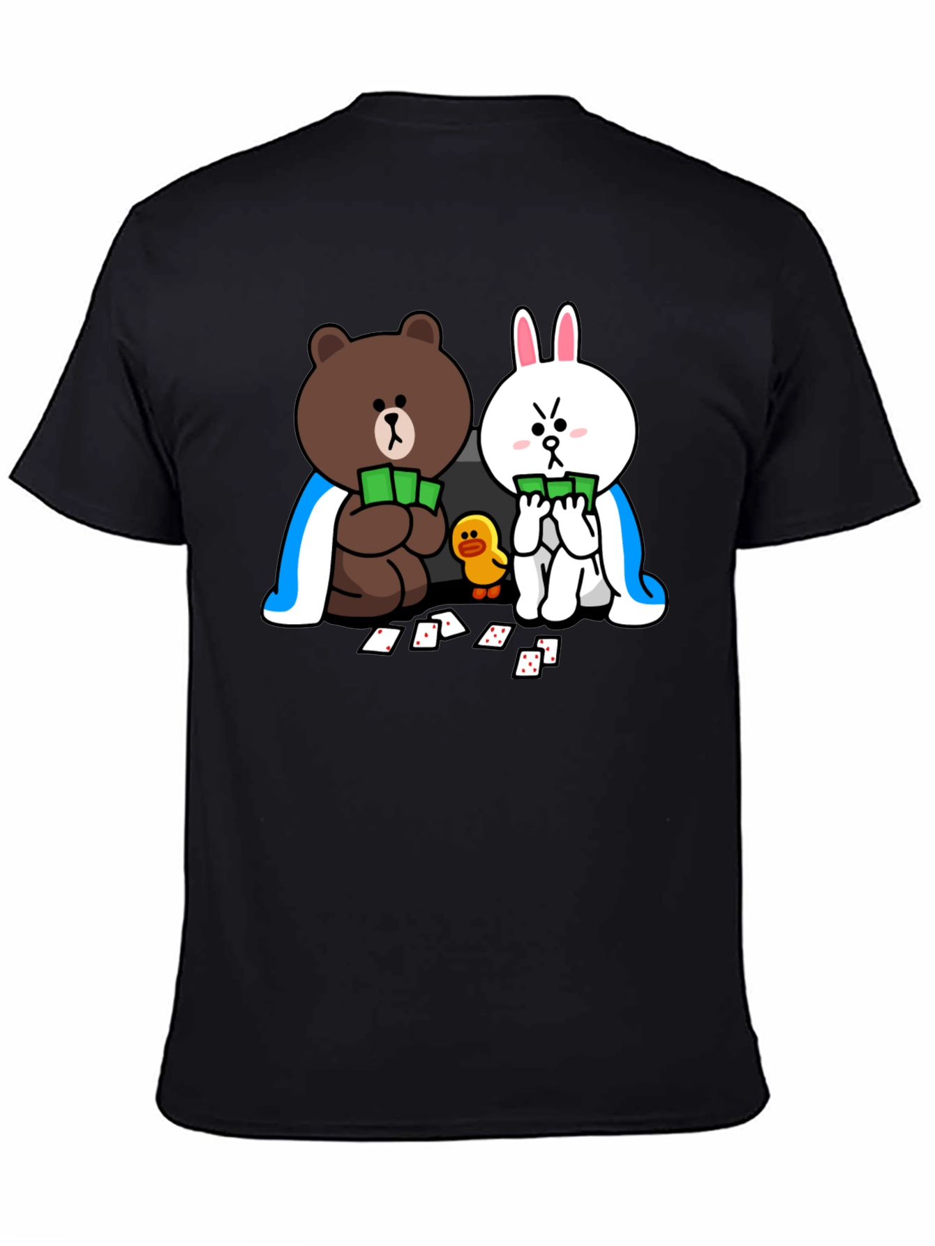 Cartoon Bear and Bunny Graphic Black T-Shirt