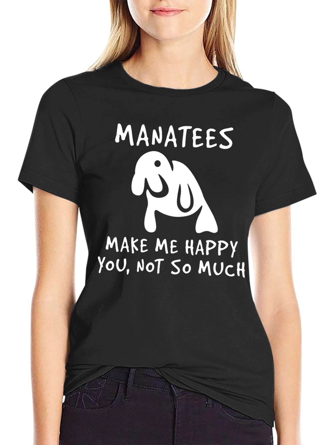 Manatees Make Me Happy Black Graphic T-Shirt