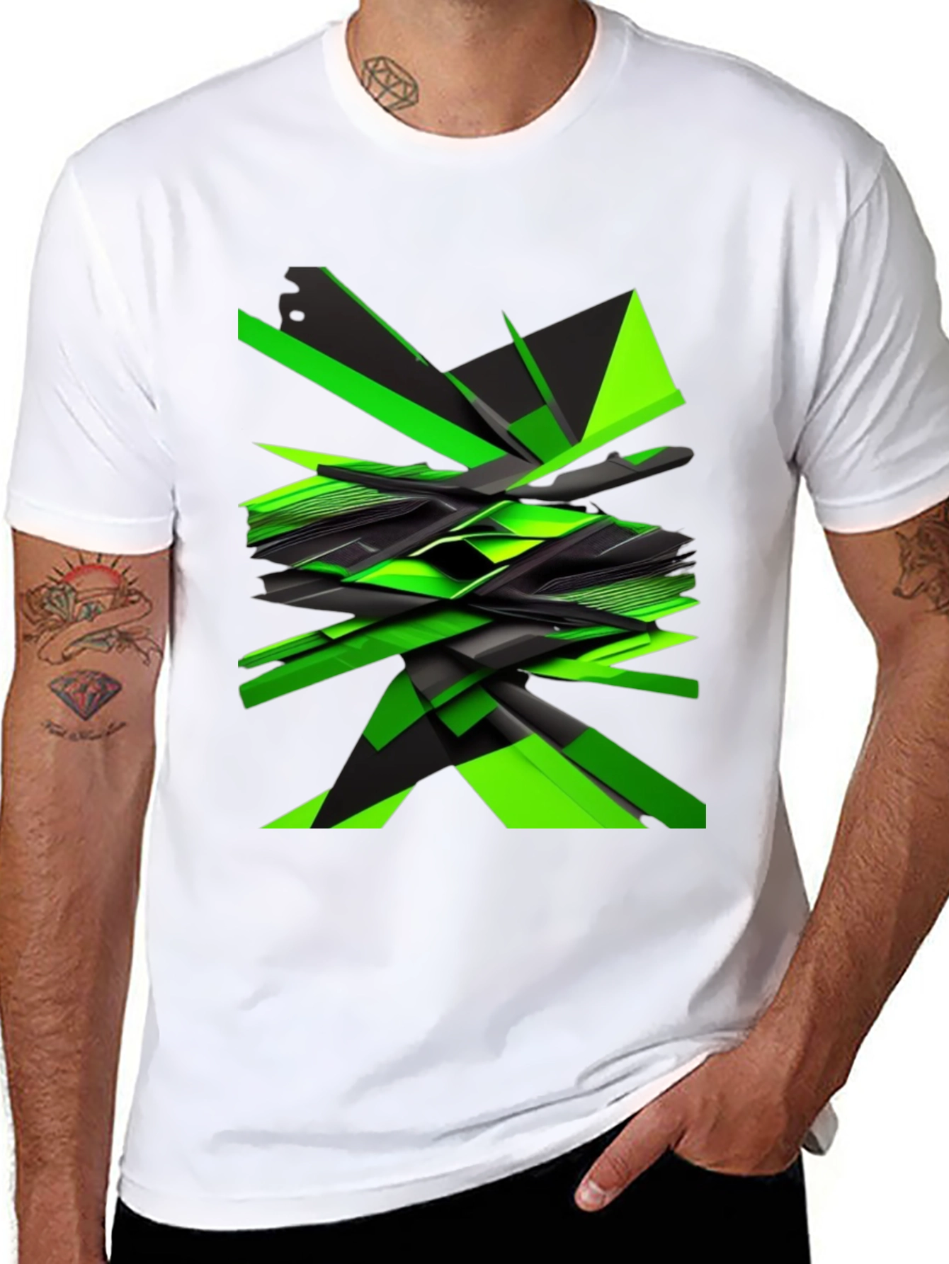 Abstract Geometric Green Graphic Print Mens Black T-Shirt
