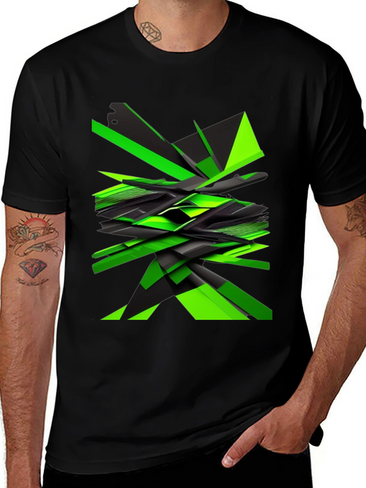Abstract Geometric Green Graphic Print Mens Black T-Shirt