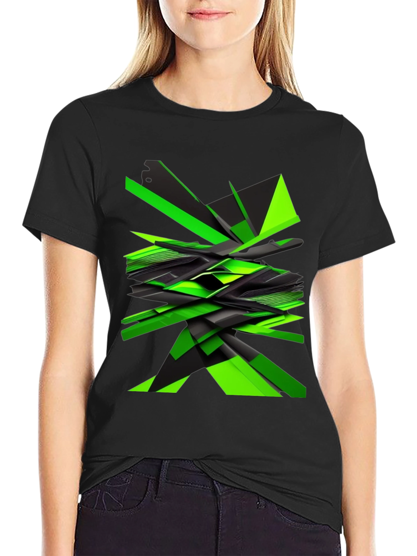 Abstract Geometric Green Graphic Print Mens Black T-Shirt